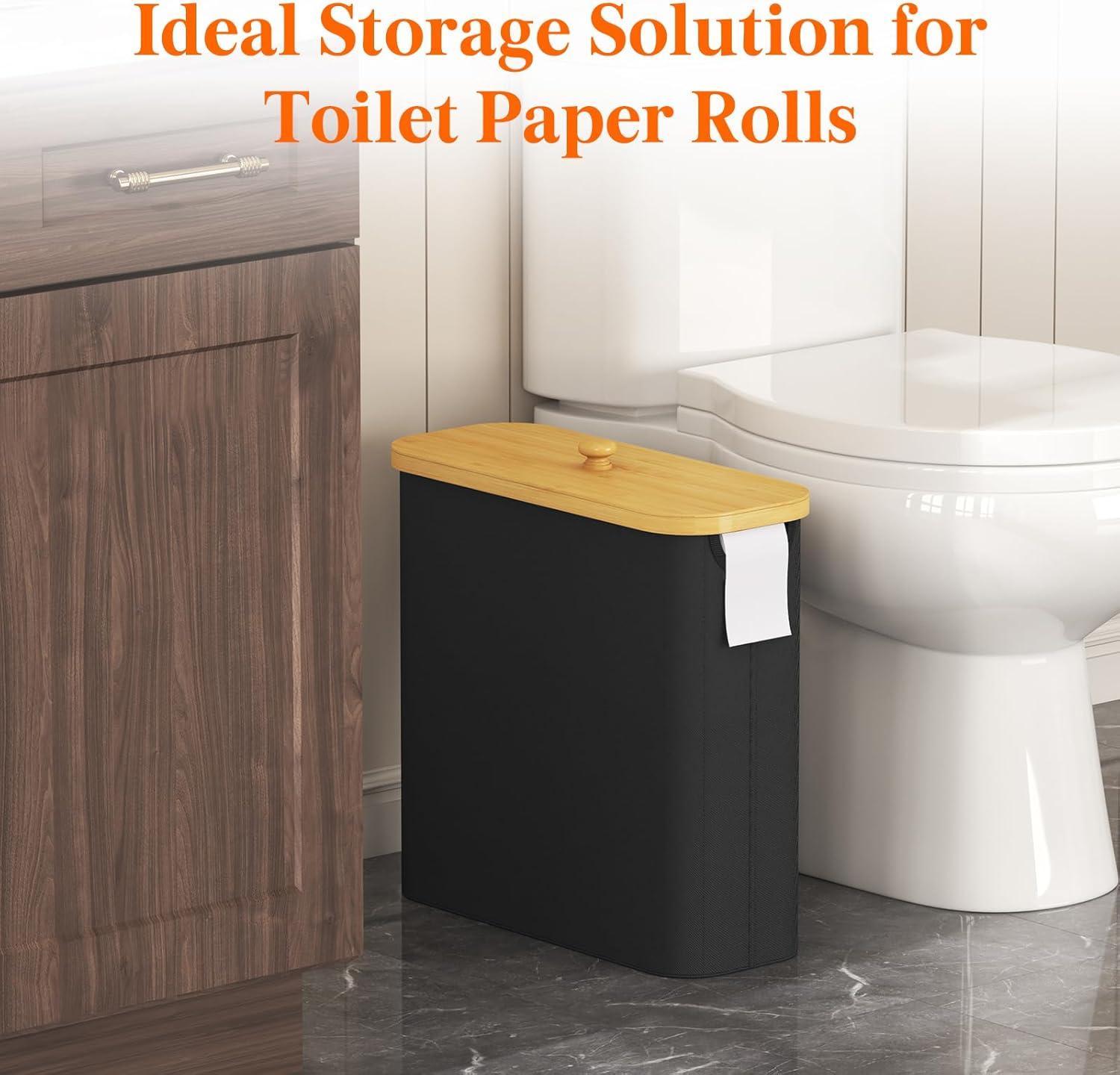 imageLifewit 30L Toilet Paper Storage Holder for 12 to 16 Rolls Free Standing Toilet Paper Basket Stand with Bamboo Lid Collapsible Fabric Bathroom Organizer Box for Mega Rolls Large WhiteBlack