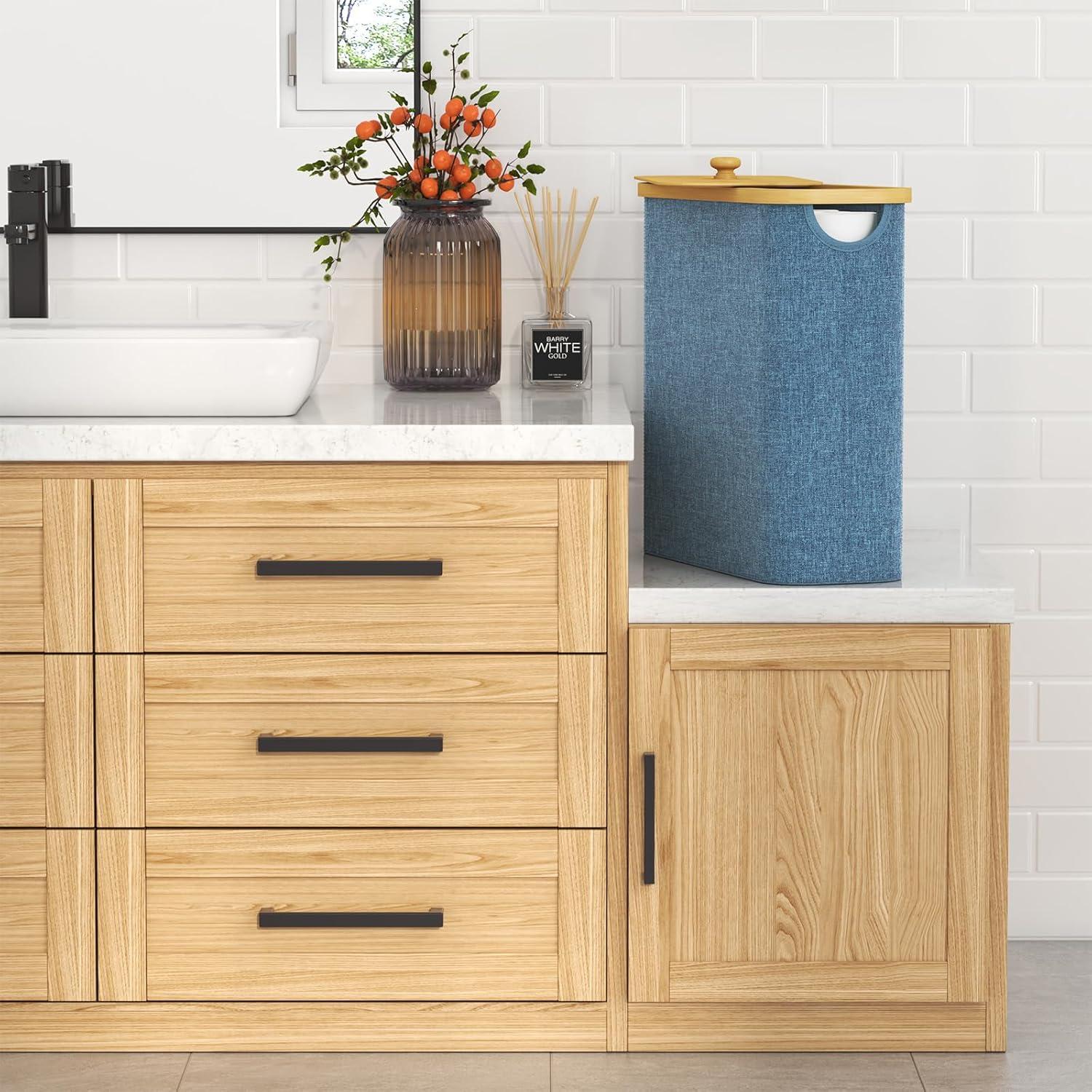 imageLifewit 30L Toilet Paper Storage Holder for 12 to 16 Rolls Free Standing Toilet Paper Basket Stand with Bamboo Lid Collapsible Fabric Bathroom Organizer Box for Mega Rolls Large WhiteDark Blue