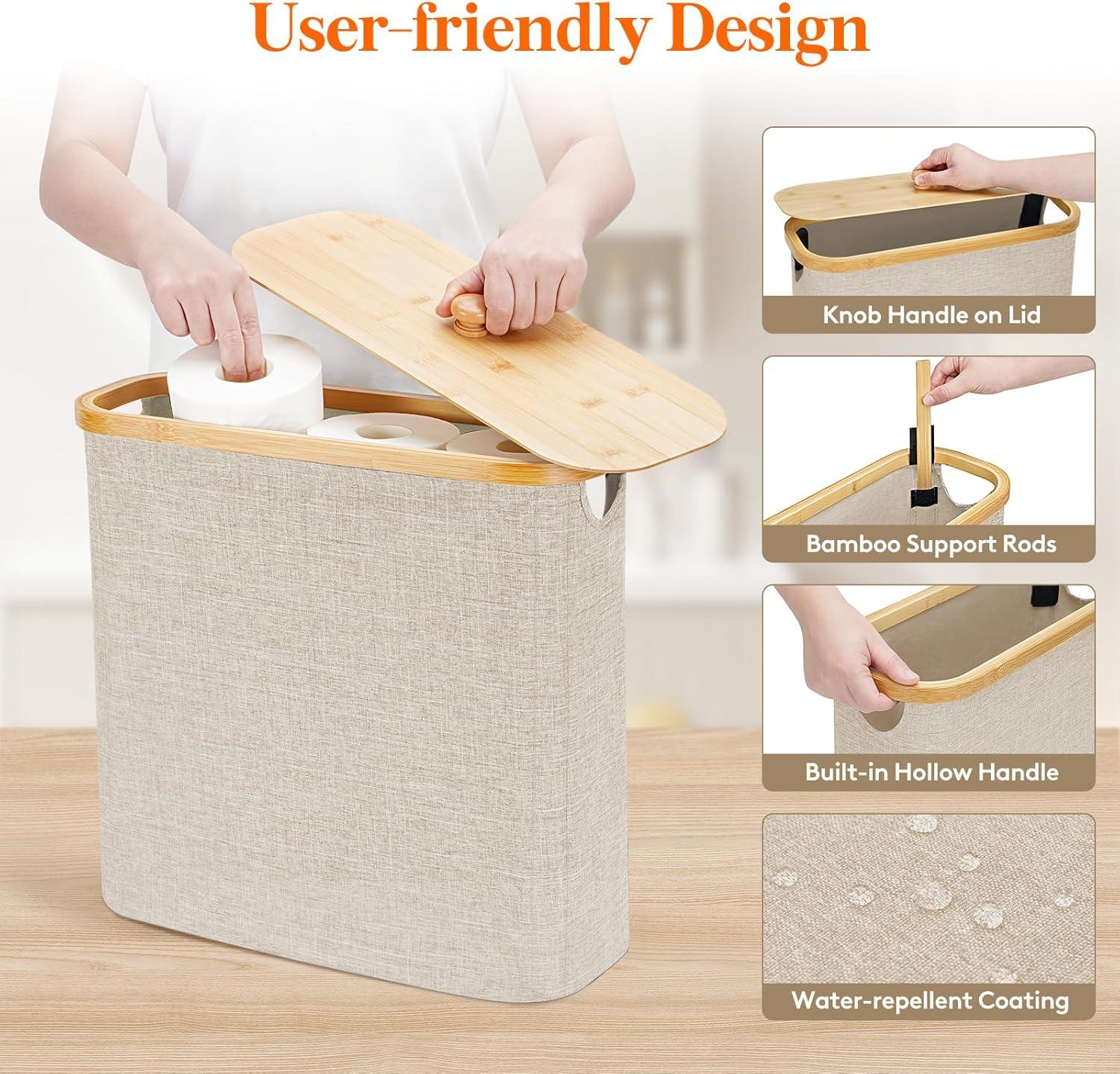 imageLifewit 30L Toilet Paper Storage Holder for 12 to 16 Rolls Free Standing Toilet Paper Basket Stand with Bamboo Lid Collapsible Fabric Bathroom Organizer Box for Mega Rolls Large WhiteBeige