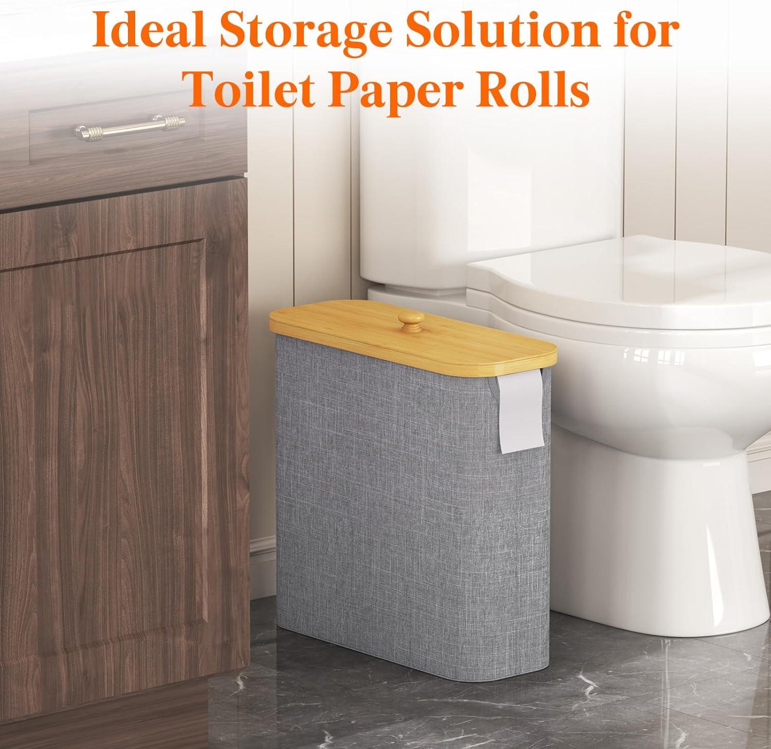 imageLifewit 30L Toilet Paper Storage Holder for 12 to 16 Rolls Free Standing Toilet Paper Basket Stand with Bamboo Lid Collapsible Fabric Bathroom Organizer Box for Mega Rolls Large WhiteGray