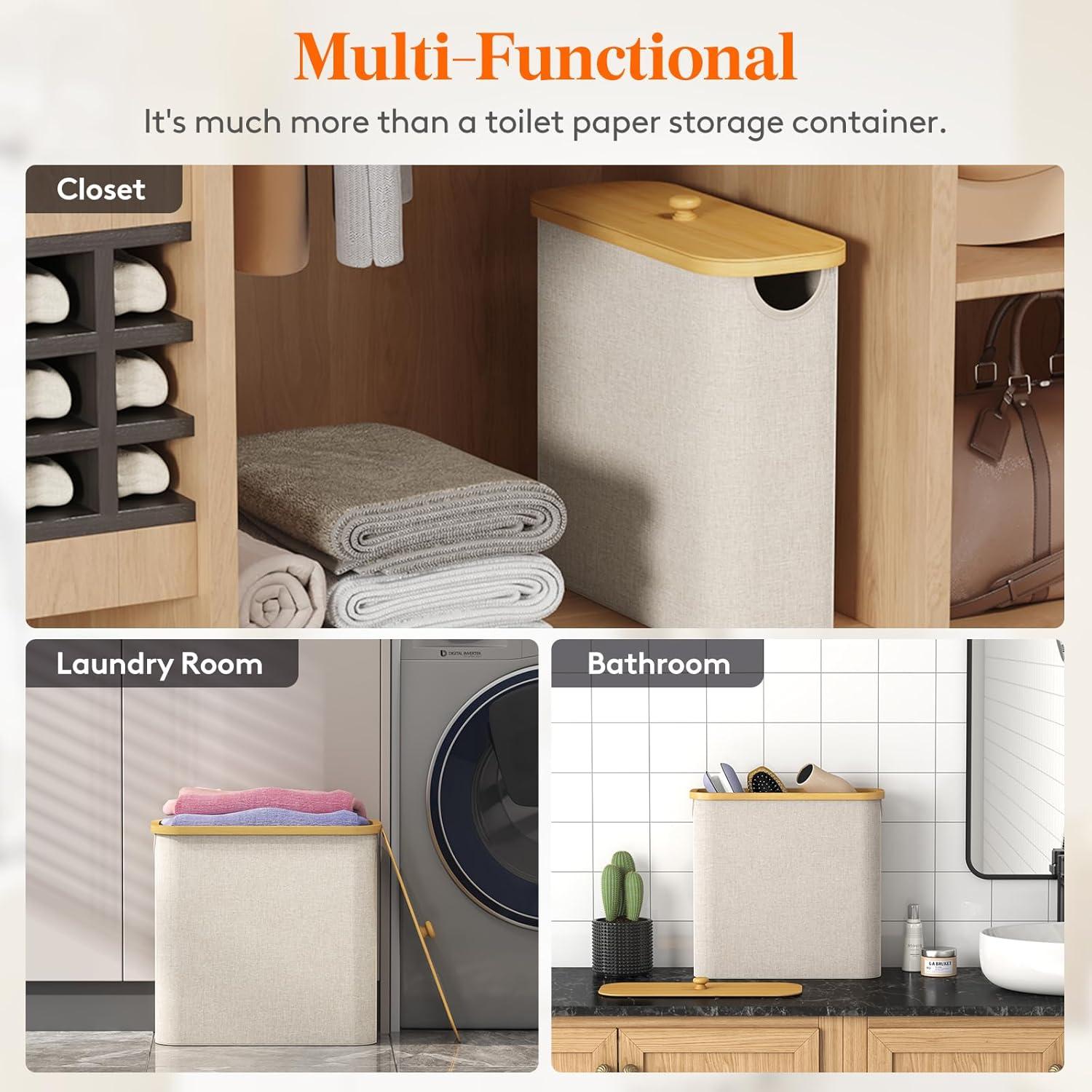 imageLifewit 30L Toilet Paper Storage Holder for 12 to 16 Rolls Free Standing Toilet Paper Basket Stand with Bamboo Lid Collapsible Fabric Bathroom Organizer Box for Mega Rolls Large WhiteBeige