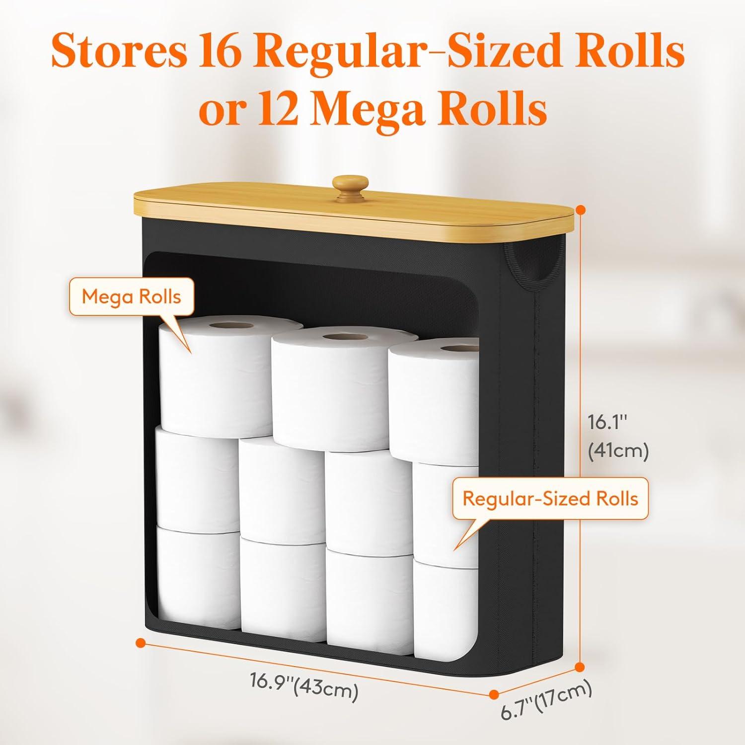 imageLifewit 30L Toilet Paper Storage Holder for 12 to 16 Rolls Free Standing Toilet Paper Basket Stand with Bamboo Lid Collapsible Fabric Bathroom Organizer Box for Mega Rolls Large WhiteBlack
