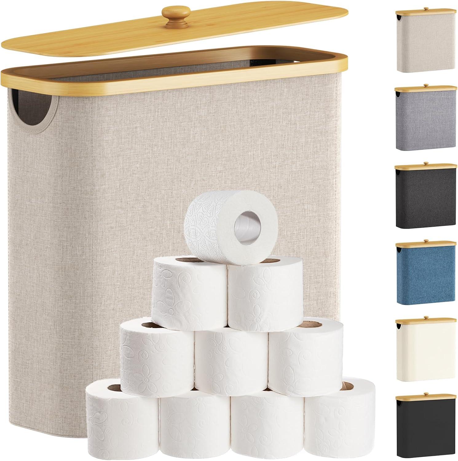 imageLifewit 30L Toilet Paper Storage Holder for 12 to 16 Rolls Free Standing Toilet Paper Basket Stand with Bamboo Lid Collapsible Fabric Bathroom Organizer Box for Mega Rolls Large WhiteBeige