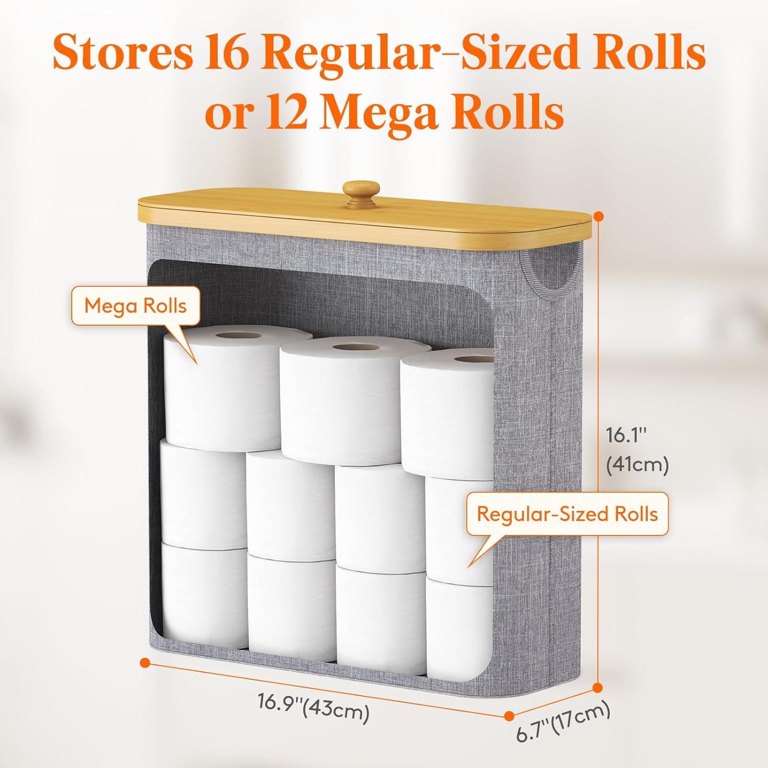imageLifewit 30L Toilet Paper Storage Holder for 12 to 16 Rolls Free Standing Toilet Paper Basket Stand with Bamboo Lid Collapsible Fabric Bathroom Organizer Box for Mega Rolls Large WhiteGray