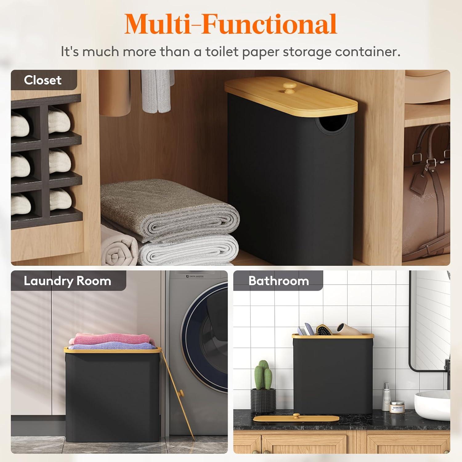 imageLifewit 30L Toilet Paper Storage Holder for 12 to 16 Rolls Free Standing Toilet Paper Basket Stand with Bamboo Lid Collapsible Fabric Bathroom Organizer Box for Mega Rolls Large WhiteBlack