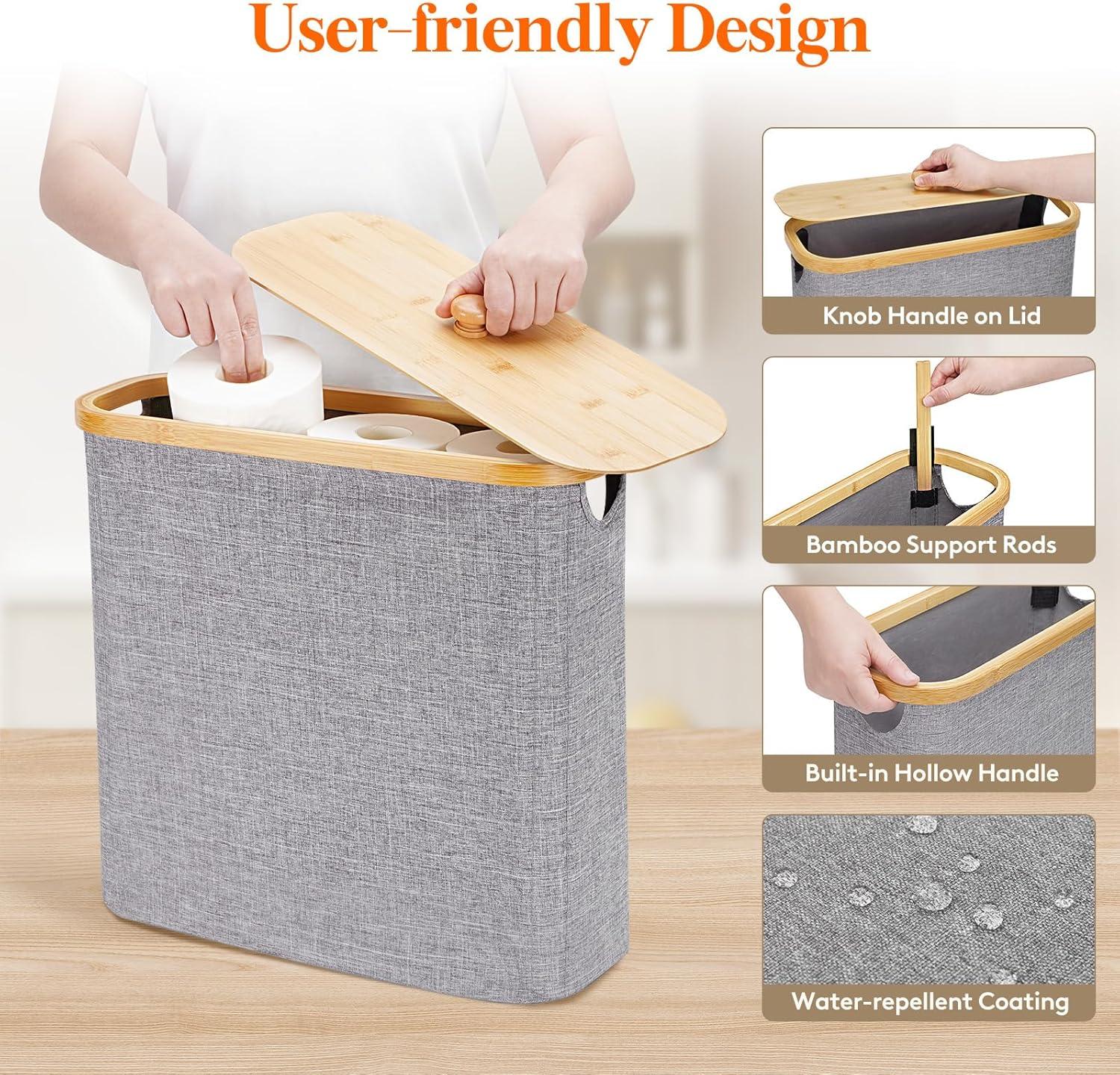 imageLifewit 30L Toilet Paper Storage Holder for 12 to 16 Rolls Free Standing Toilet Paper Basket Stand with Bamboo Lid Collapsible Fabric Bathroom Organizer Box for Mega Rolls Large WhiteGray