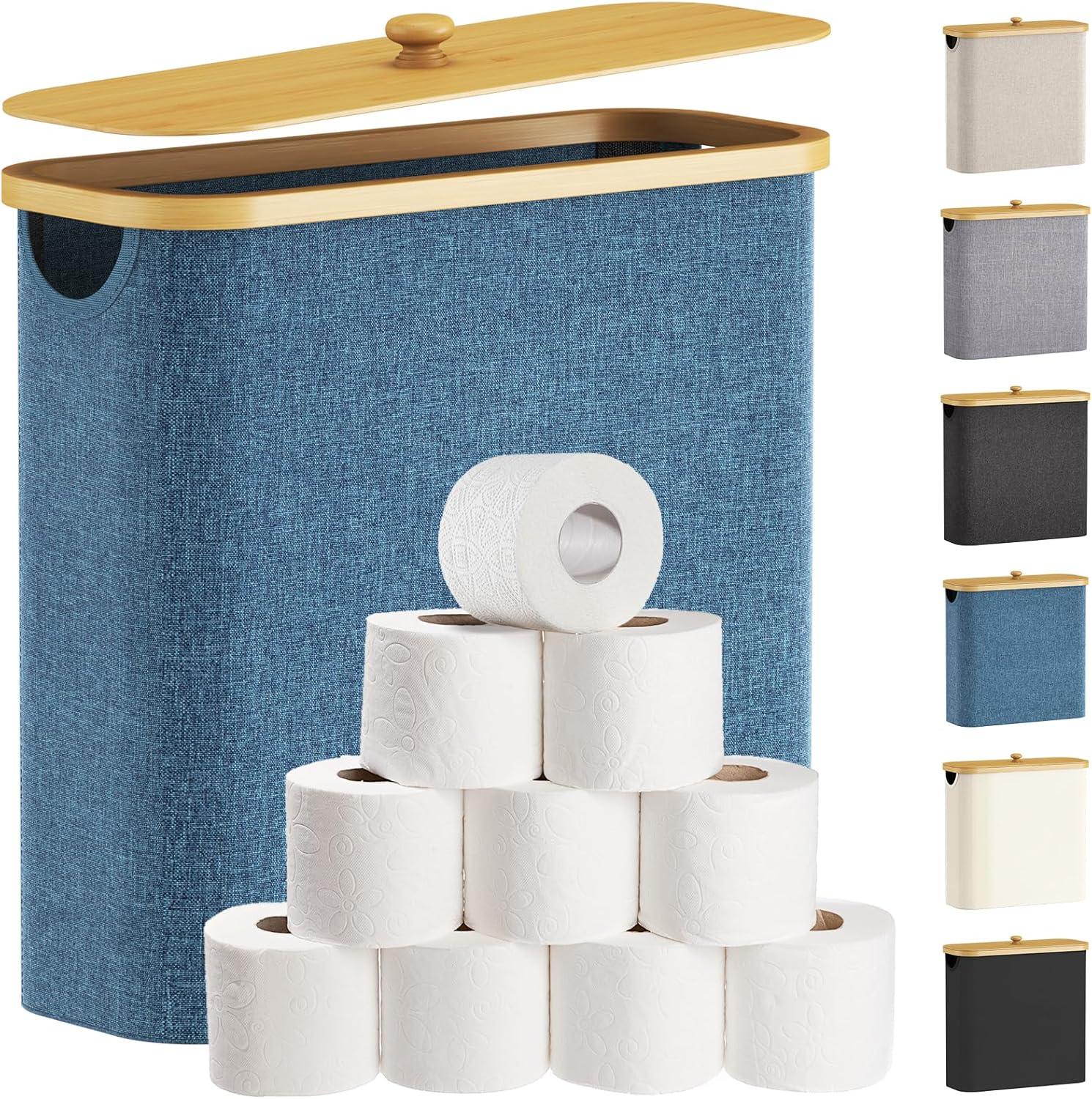 imageLifewit 30L Toilet Paper Storage Holder for 12 to 16 Rolls Free Standing Toilet Paper Basket Stand with Bamboo Lid Collapsible Fabric Bathroom Organizer Box for Mega Rolls Large WhiteDark Blue