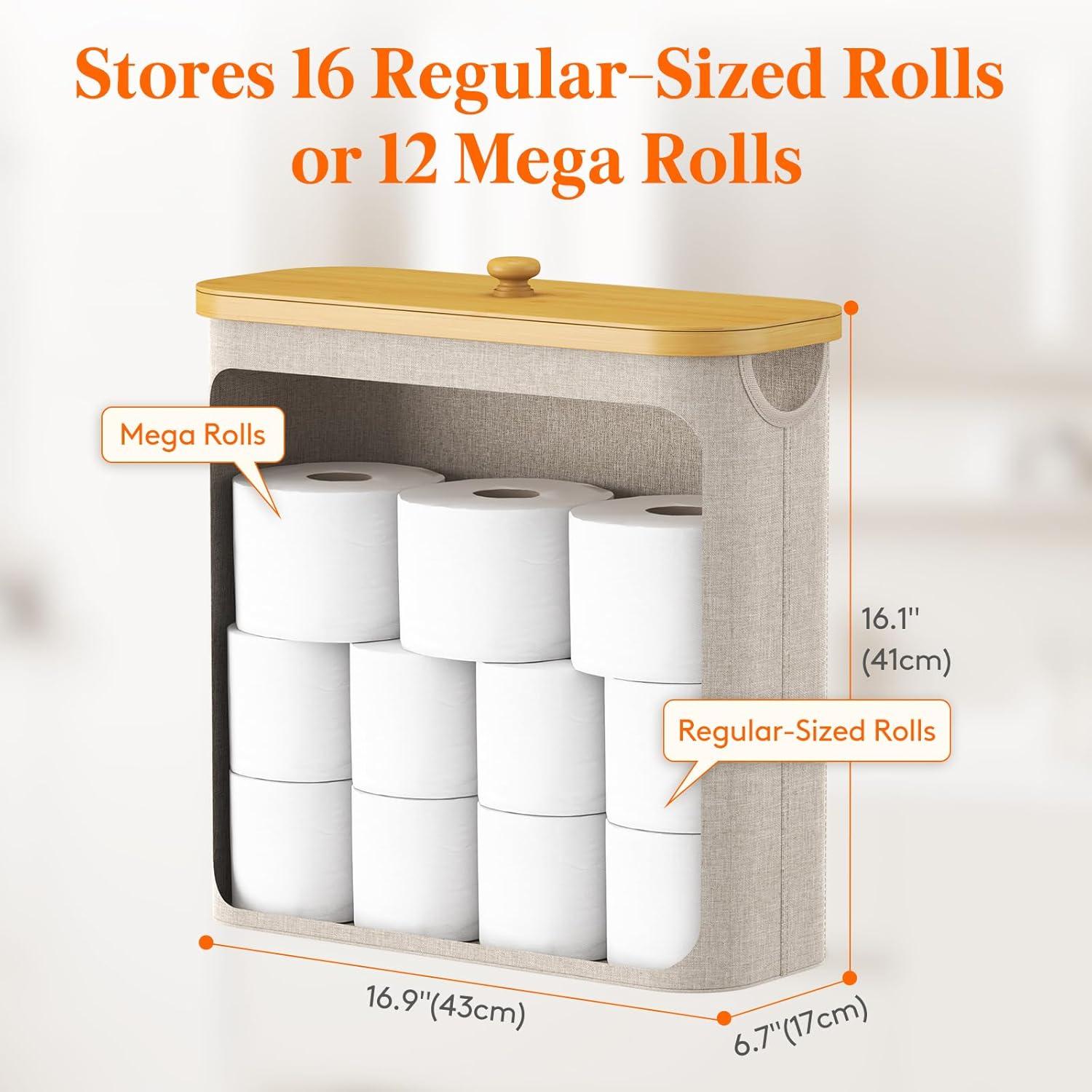 imageLifewit 30L Toilet Paper Storage Holder for 12 to 16 Rolls Free Standing Toilet Paper Basket Stand with Bamboo Lid Collapsible Fabric Bathroom Organizer Box for Mega Rolls Large WhiteBeige