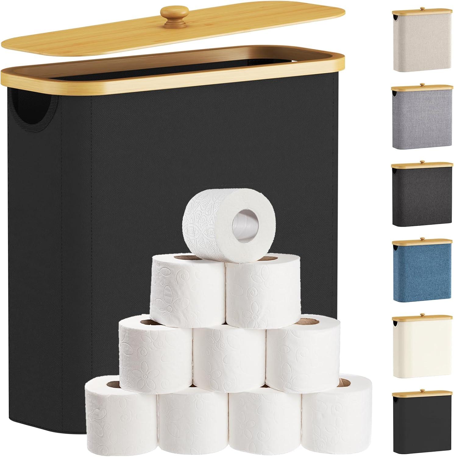 imageLifewit 30L Toilet Paper Storage Holder for 12 to 16 Rolls Free Standing Toilet Paper Basket Stand with Bamboo Lid Collapsible Fabric Bathroom Organizer Box for Mega Rolls Large WhiteBlack