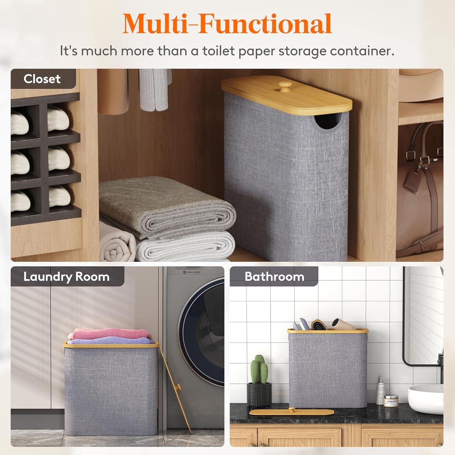 imageLifewit 30L Toilet Paper Storage Holder for 12 to 16 Rolls Free Standing Toilet Paper Basket Stand with Bamboo Lid Collapsible Fabric Bathroom Organizer Box for Mega Rolls Large WhiteGray