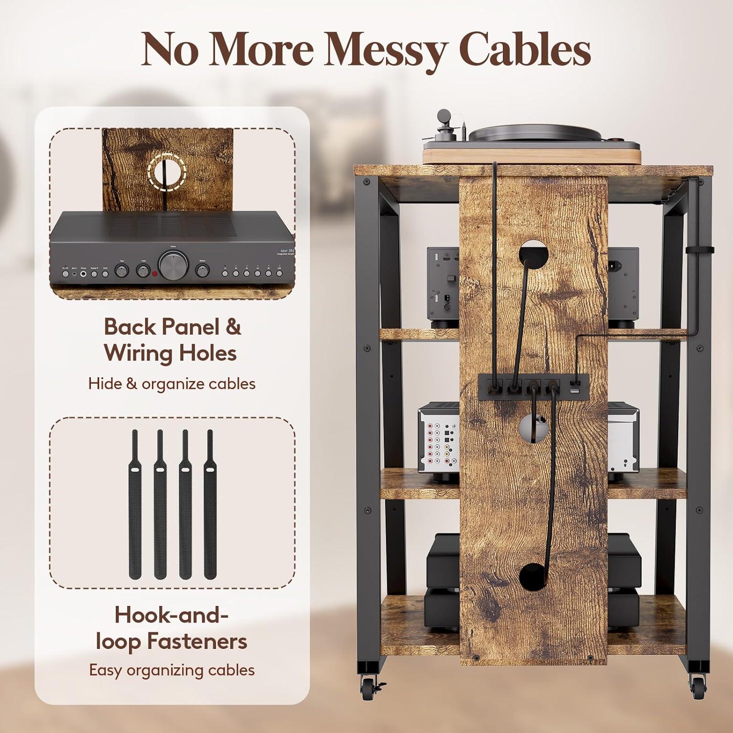 imageLifewit 4 Tier AV Media Stand with Power Outlets Stereo Racks with LED Lights Wheels and Adjustable Shelves for Record Player Rolling Media Console Media Audio Tower Cabinet 35quot Rustic Brown