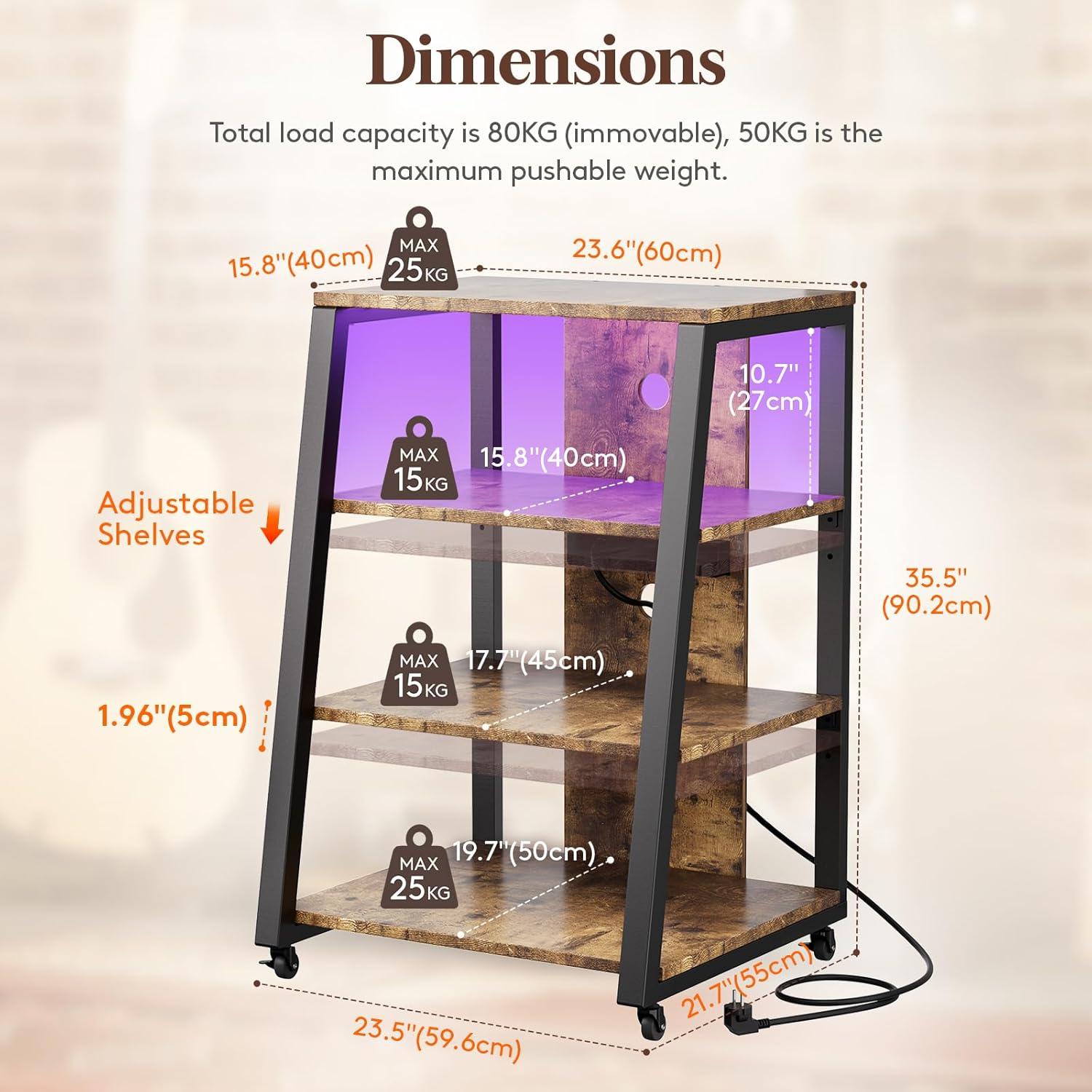 imageLifewit 4 Tier AV Media Stand with Power Outlets Stereo Racks with LED Lights Wheels and Adjustable Shelves for Record Player Rolling Media Console Media Audio Tower Cabinet 35quot Rustic Brown