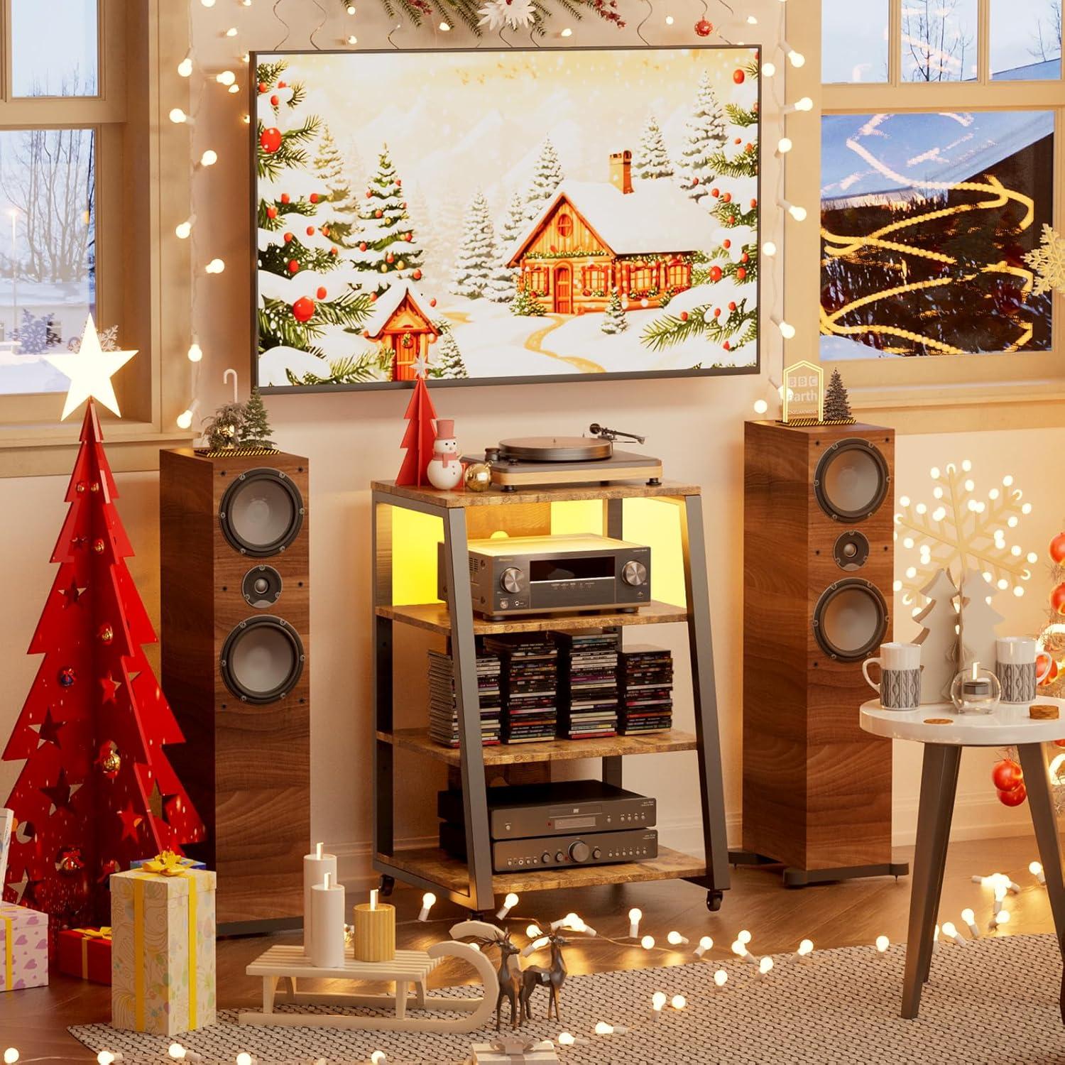 imageLifewit 4 Tier AV Media Stand with Power Outlets Stereo Racks with LED Lights Wheels and Adjustable Shelves for Record Player Rolling Media Console Media Audio Tower Cabinet 35quot Rustic Brown