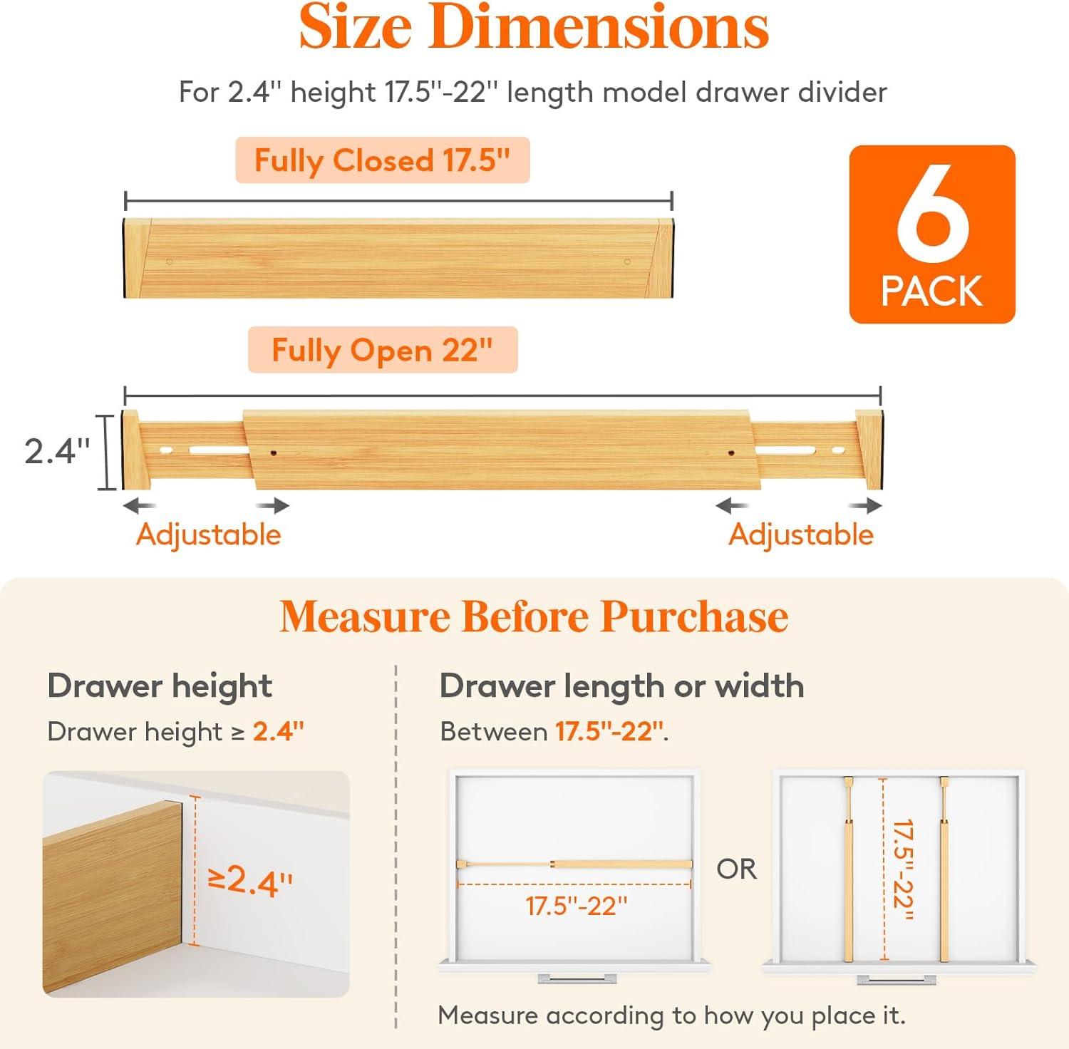 imageLifewit 6 Pack Bamboo Drawer Dividers 24quot High 17522quot Kitchen Drawer Organizers Adjustable Wooden Drawer Dividers for Clothes Expandable Drawer Separators for Dresser Bedroom Bathroom Cabinet6
