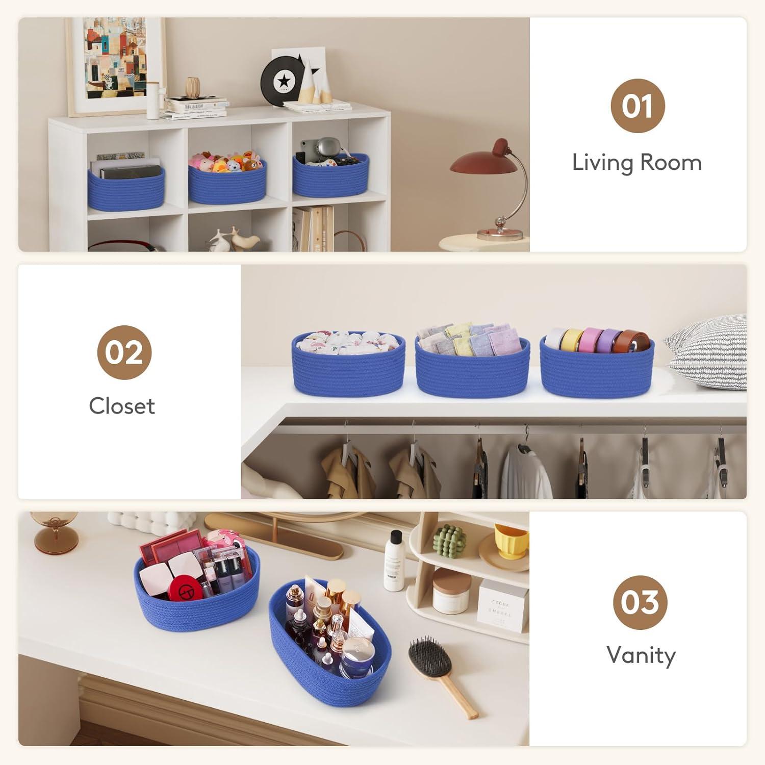 imageLifewit 6 Pack Woven Baskets for Storage Cotton Rope Baskets Cube Storage Bins Cute Small Shelf Baskets for Organizing Round Storage Box Caddy for Closet Living Room Bedroom Playroom WhiteBlue