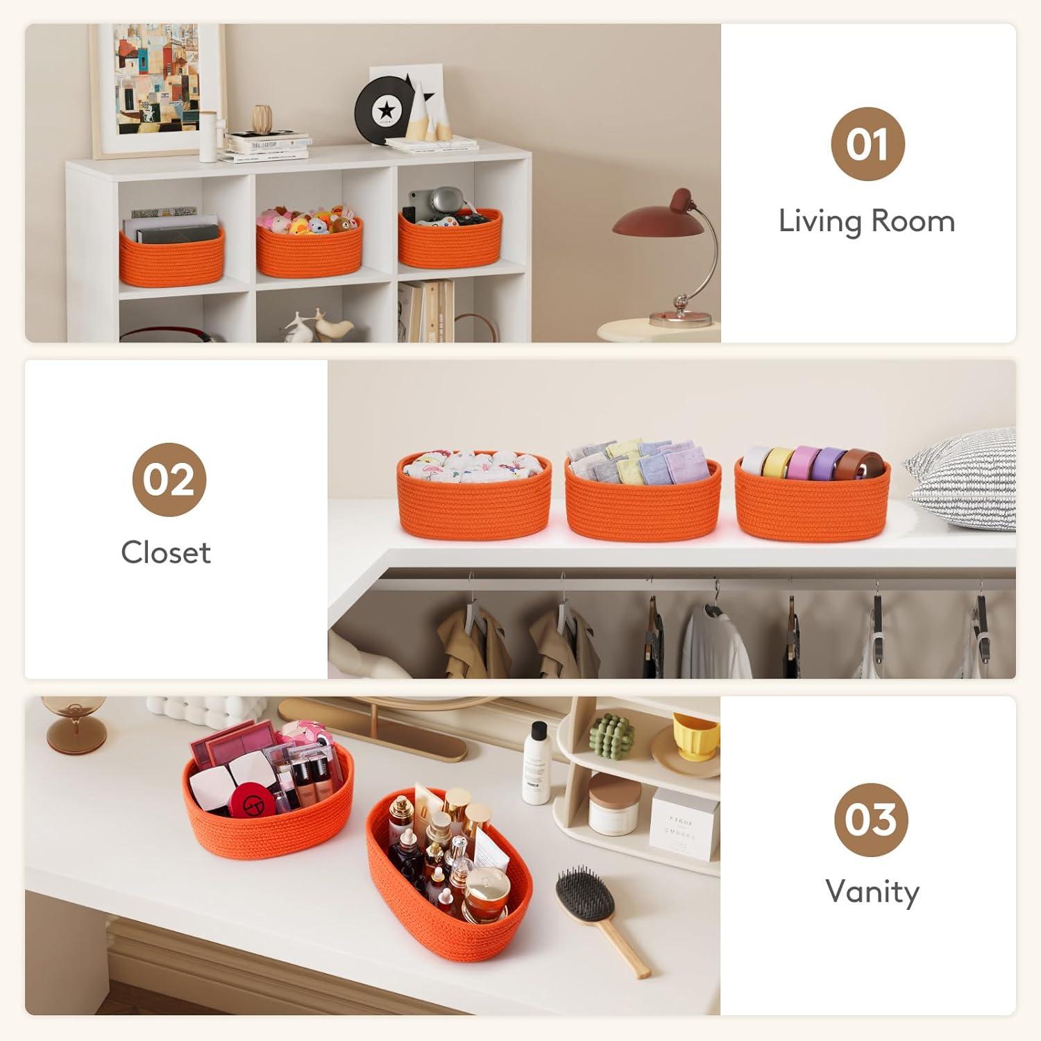 imageLifewit 6 Pack Woven Baskets for Storage Cotton Rope Baskets Cube Storage Bins Cute Small Shelf Baskets for Organizing Round Storage Box Caddy for Closet Living Room Bedroom Playroom WhiteOrange