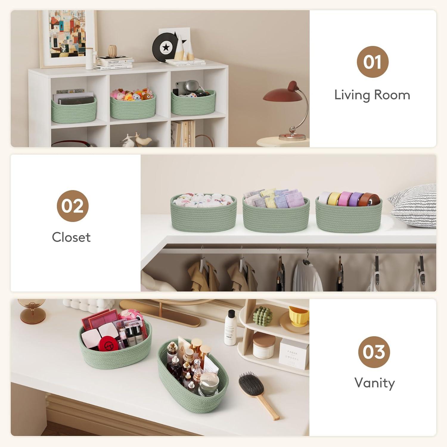 imageLifewit 6 Pack Woven Baskets for Storage Cotton Rope Baskets Cube Storage Bins Cute Small Shelf Baskets for Organizing Round Storage Box Caddy for Closet Living Room Bedroom Playroom WhiteGreen