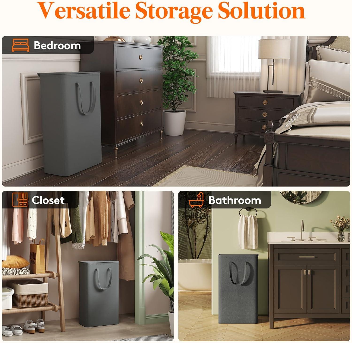 imageLifewit 65L Slim Laundry Hamper Small Laundry Basket with Lid Dirty Narrow Collapsible Clothes Storage with Easy Carry Extended Handles Tall Hampers for Bedroom Laundry Room White 1 PackGray