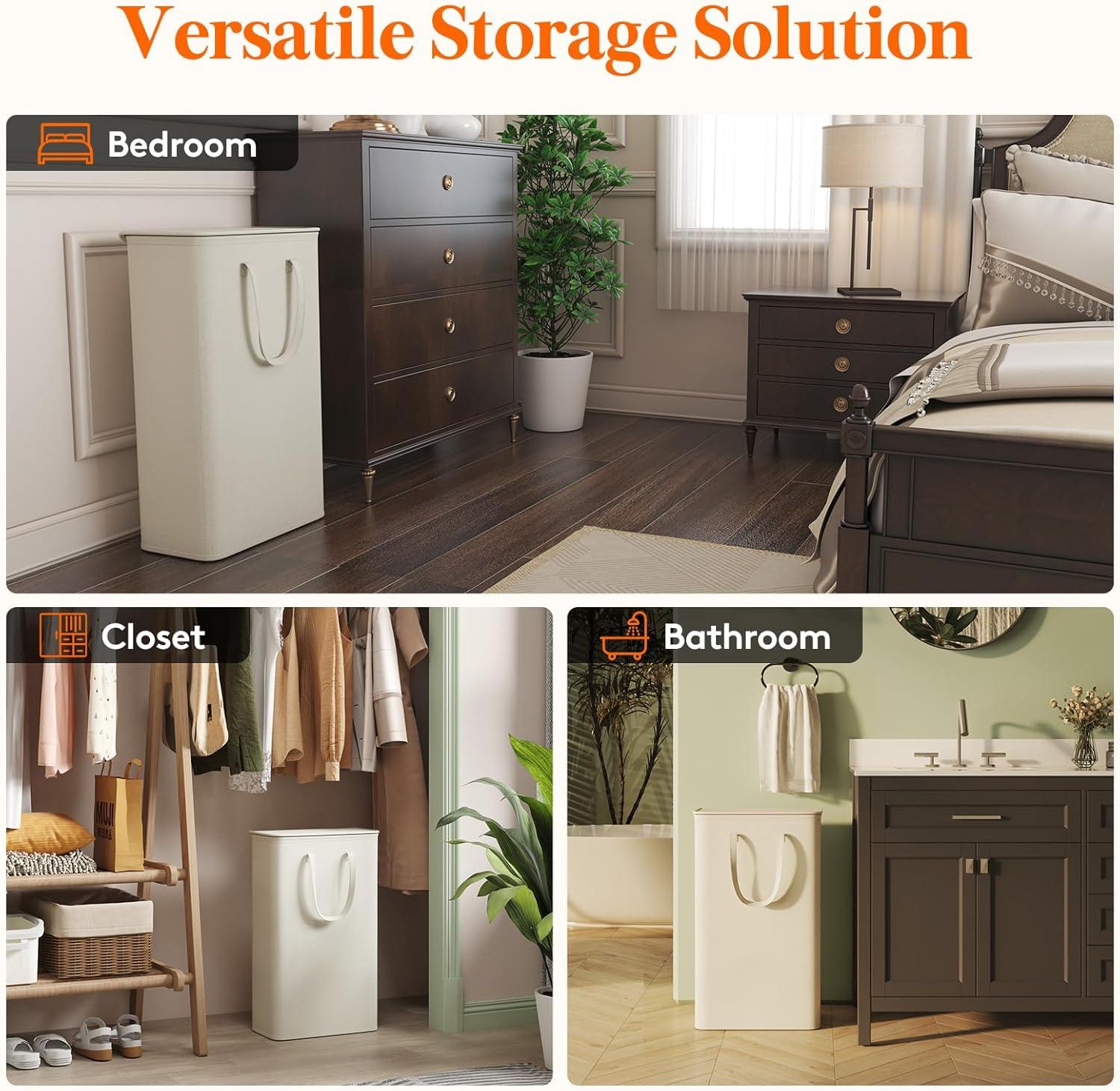 imageLifewit 65L Slim Laundry Hamper Small Laundry Basket with Lid Dirty Narrow Collapsible Clothes Storage with Easy Carry Extended Handles Tall Hampers for Bedroom Laundry Room White 1 PackWhite