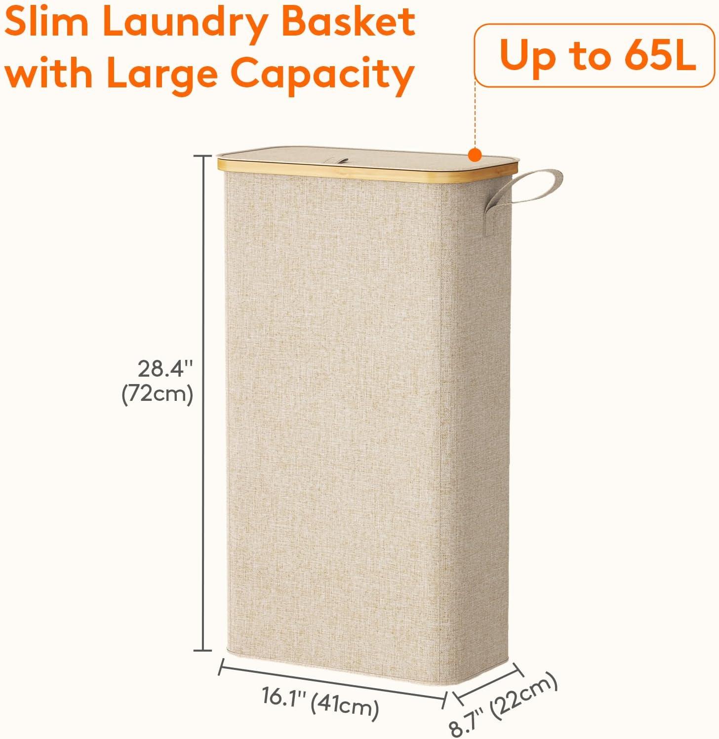imageLifewit 65L Slim Laundry Hamper with Lid Narrow Laundry Basket with Removable Bag ampamp Bamboo Handles Fodable Thin Dirty Clothes Hamper for Laundry Collapsible Bin for Bathroom Bedroom Dorm Dark GrayBeige