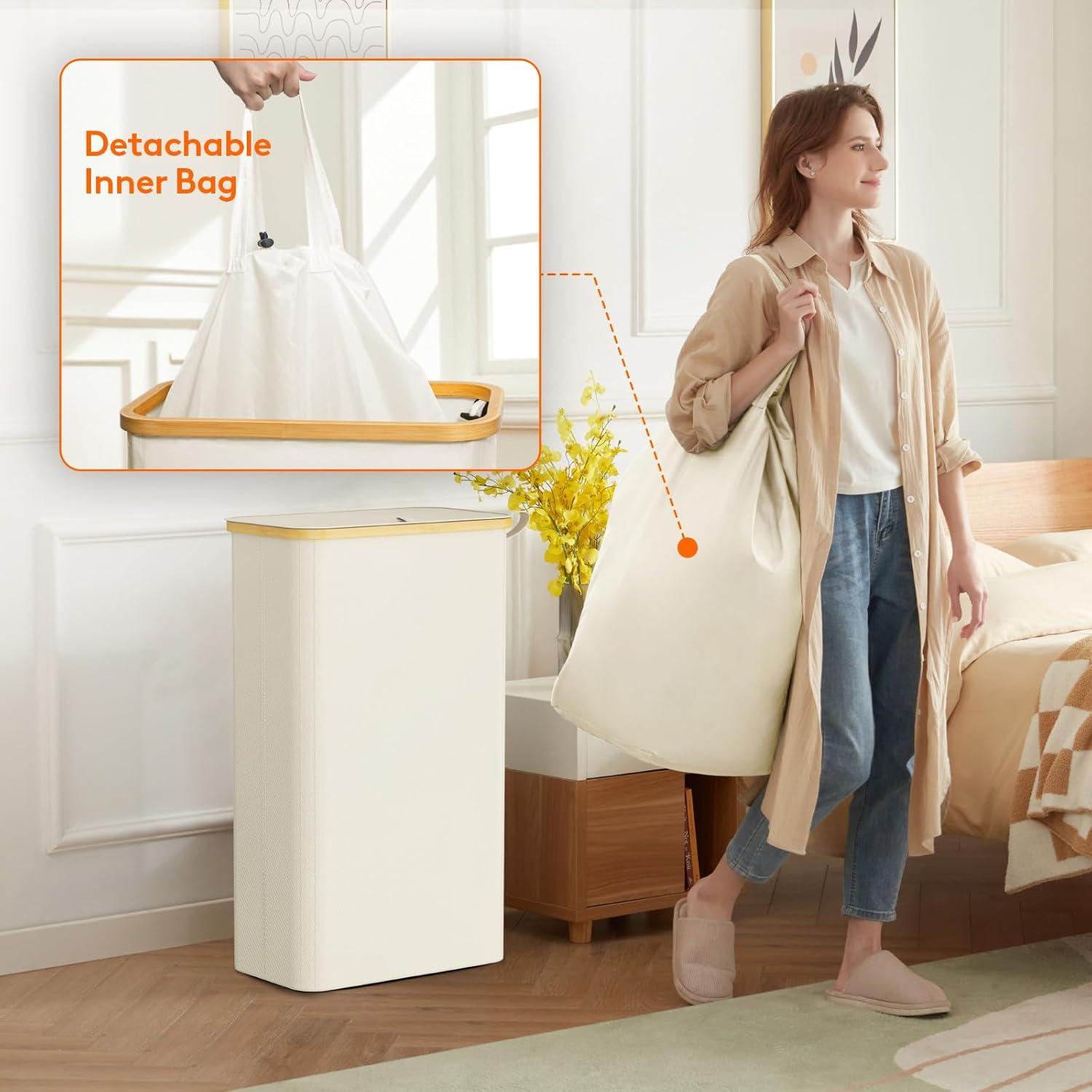 imageLifewit 65L Slim Laundry Hamper with Lid Narrow Laundry Basket with Removable Bag ampamp Bamboo Handles Fodable Thin Dirty Clothes Hamper for Laundry Collapsible Bin for Bathroom Bedroom Dorm Dark GrayWhite