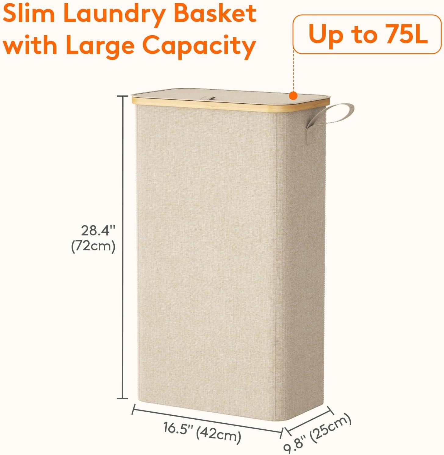 imageLifewit 65L Slim Laundry Hamper with Lid Narrow Laundry Basket with Removable Bag ampamp Bamboo Handles Fodable Thin Dirty Clothes Hamper for Laundry Collapsible Bin for Bathroom Bedroom Dorm Dark GrayBeige