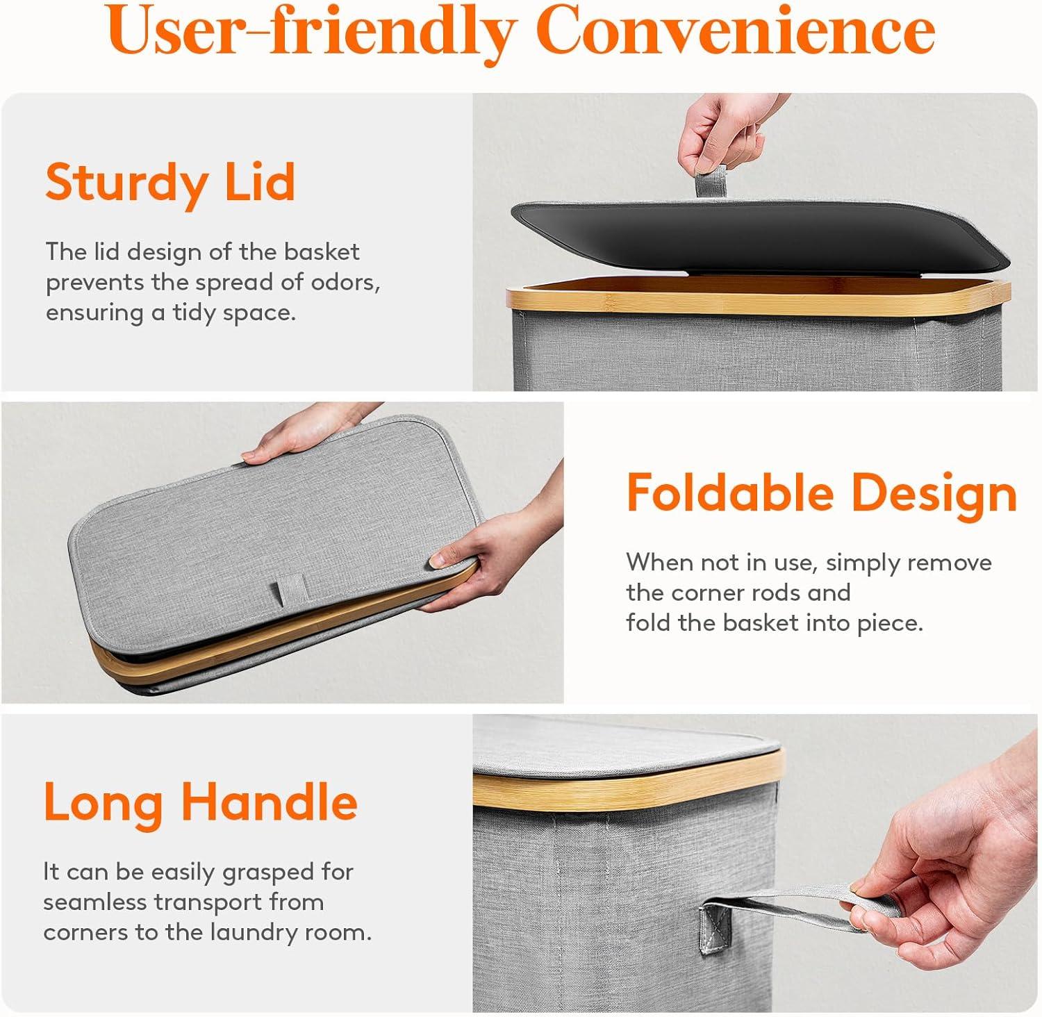 imageLifewit 65L Slim Laundry Hamper with Lid Narrow Laundry Basket with Removable Bag ampamp Bamboo Handles Fodable Thin Dirty Clothes Hamper for Laundry Collapsible Bin for Bathroom Bedroom Dorm Dark GrayGray