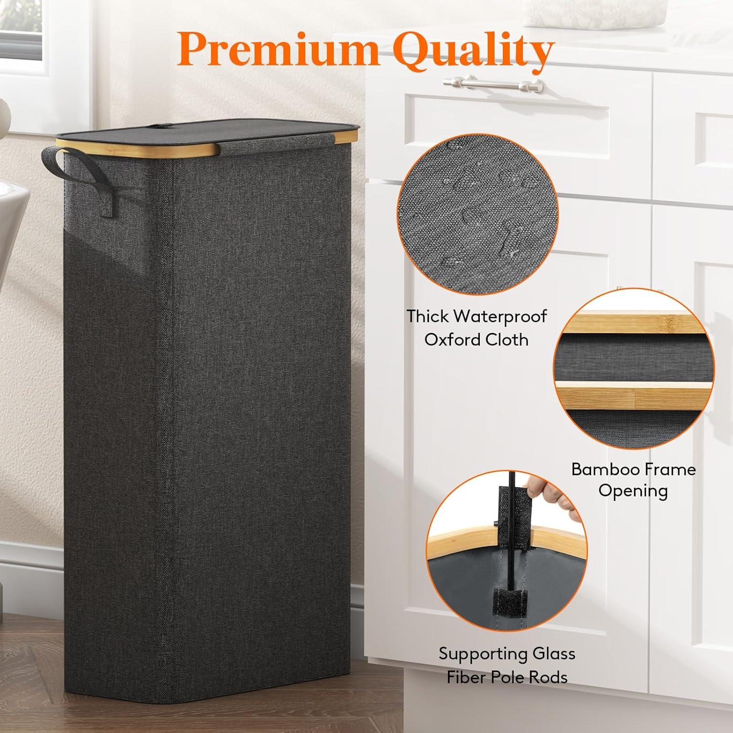 imageLifewit 65L Slim Laundry Hamper with Lid Narrow Laundry Basket with Removable Bag ampamp Bamboo Handles Fodable Thin Dirty Clothes Hamper for Laundry Collapsible Bin for Bathroom Bedroom Dorm Dark GrayDark Gray