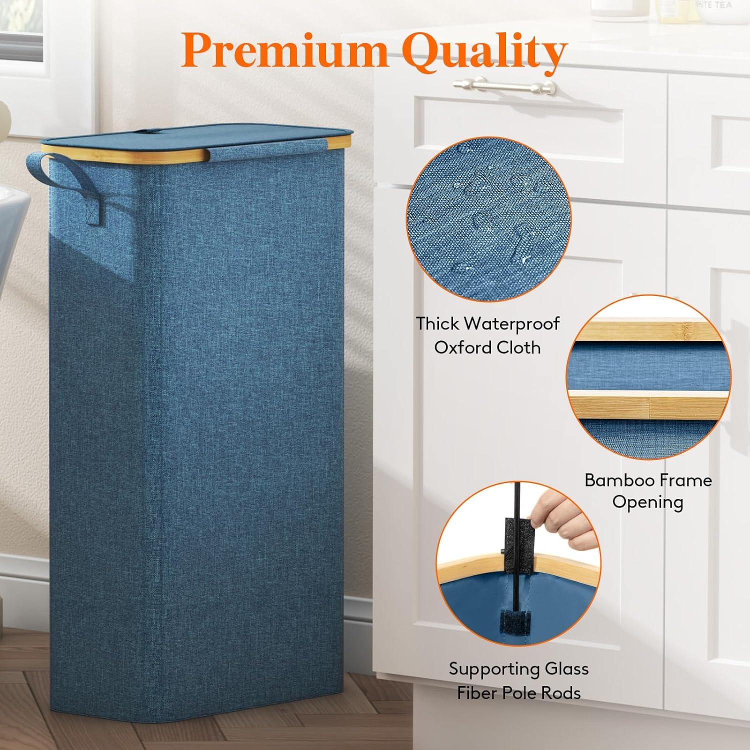 imageLifewit 65L Slim Laundry Hamper with Lid Narrow Laundry Basket with Removable Bag ampamp Bamboo Handles Fodable Thin Dirty Clothes Hamper for Laundry Collapsible Bin for Bathroom Bedroom Dorm Dark GrayDark Blue