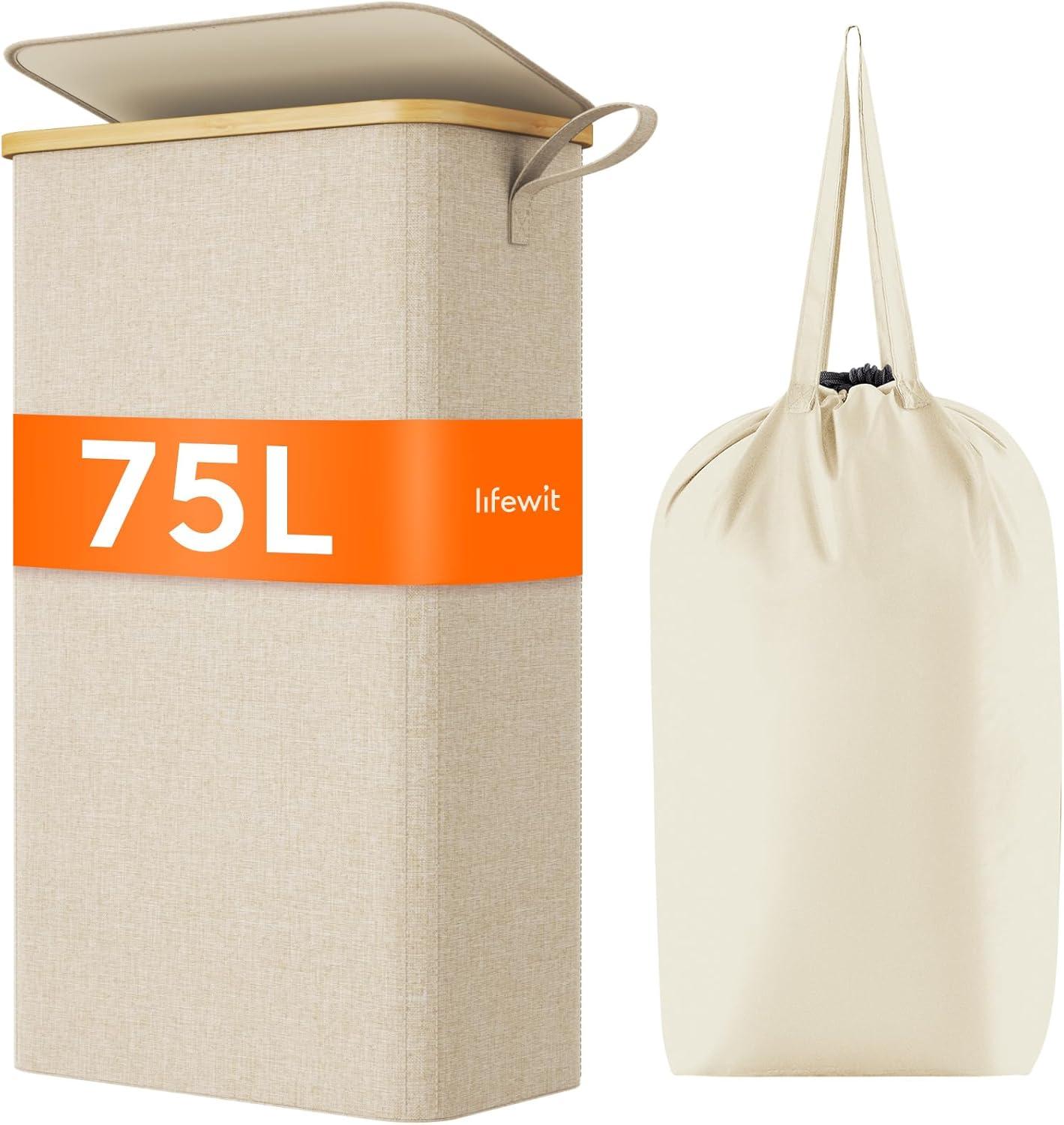 imageLifewit 65L Slim Laundry Hamper with Lid Narrow Laundry Basket with Removable Bag ampamp Bamboo Handles Fodable Thin Dirty Clothes Hamper for Laundry Collapsible Bin for Bathroom Bedroom Dorm Dark GrayBeige
