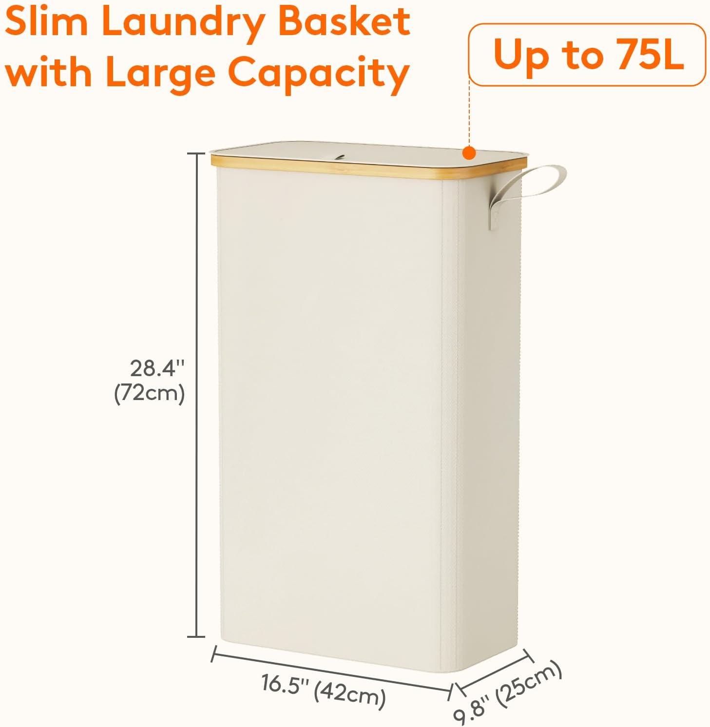 imageLifewit 65L Slim Laundry Hamper with Lid Narrow Laundry Basket with Removable Bag ampamp Bamboo Handles Fodable Thin Dirty Clothes Hamper for Laundry Collapsible Bin for Bathroom Bedroom Dorm Dark GrayWhite