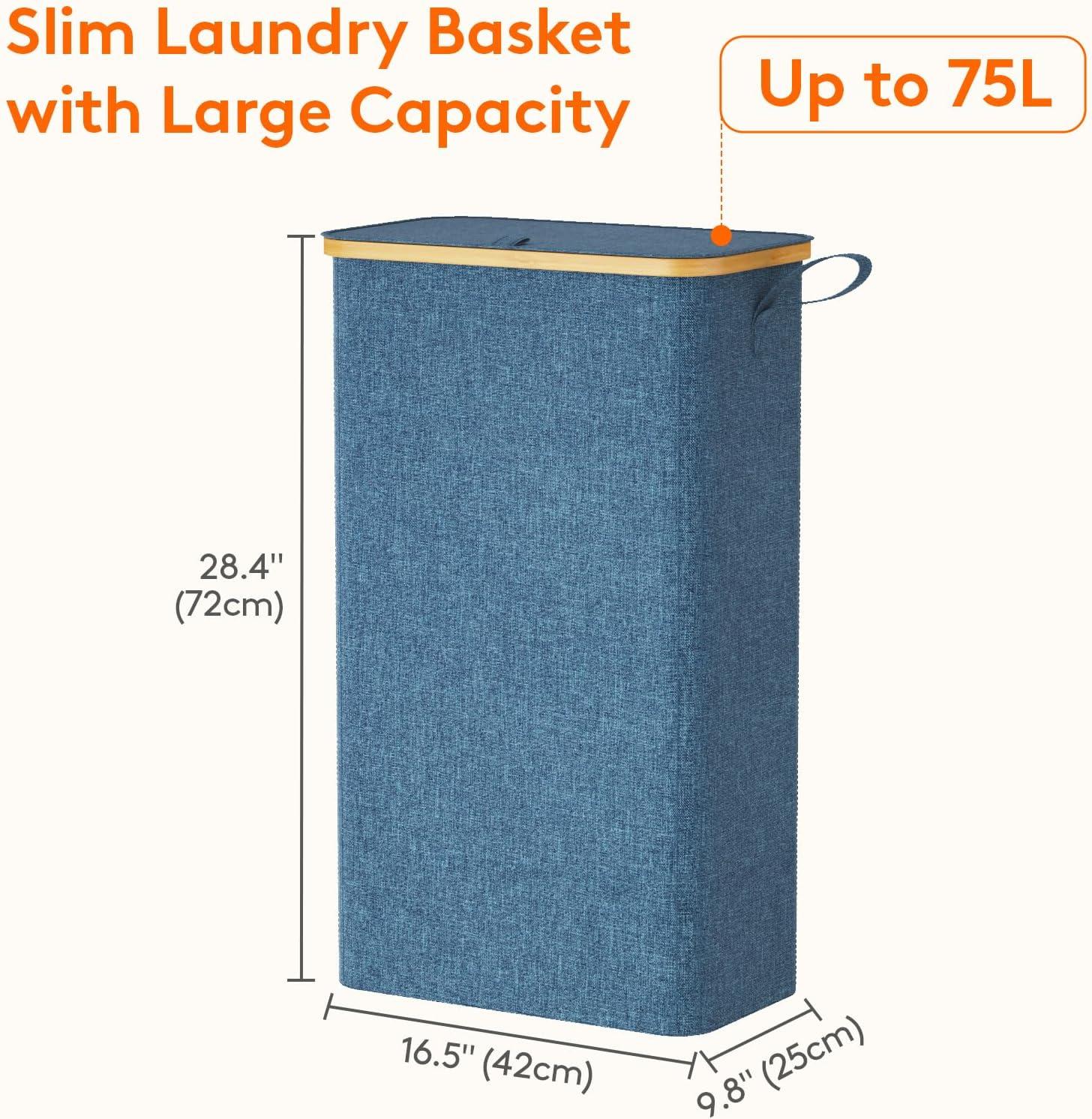 imageLifewit 65L Slim Laundry Hamper with Lid Narrow Laundry Basket with Removable Bag ampamp Bamboo Handles Fodable Thin Dirty Clothes Hamper for Laundry Collapsible Bin for Bathroom Bedroom Dorm Dark GrayDark Blue