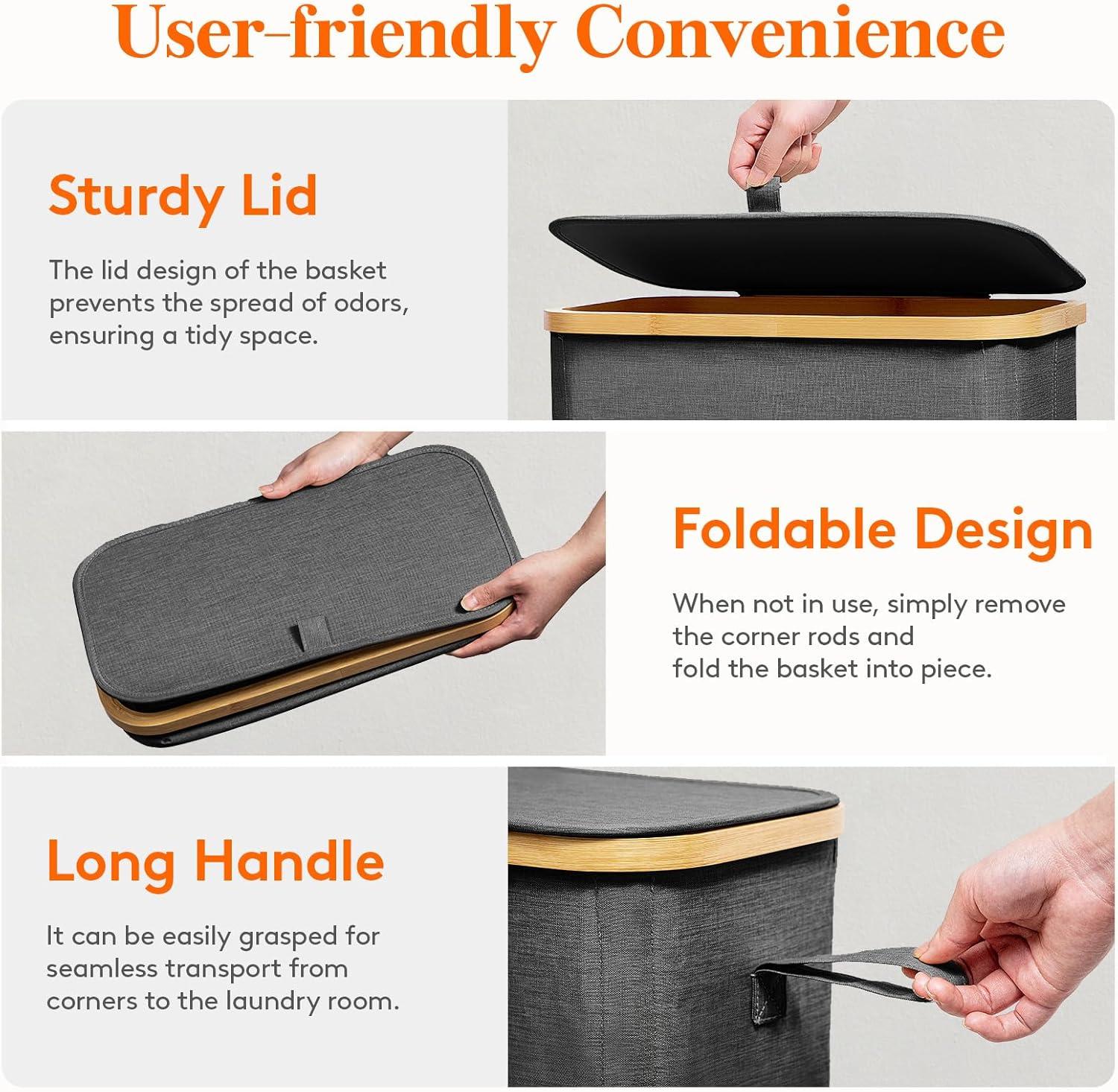 imageLifewit 65L Slim Laundry Hamper with Lid Narrow Laundry Basket with Removable Bag ampamp Bamboo Handles Fodable Thin Dirty Clothes Hamper for Laundry Collapsible Bin for Bathroom Bedroom Dorm Dark GrayDark Gray