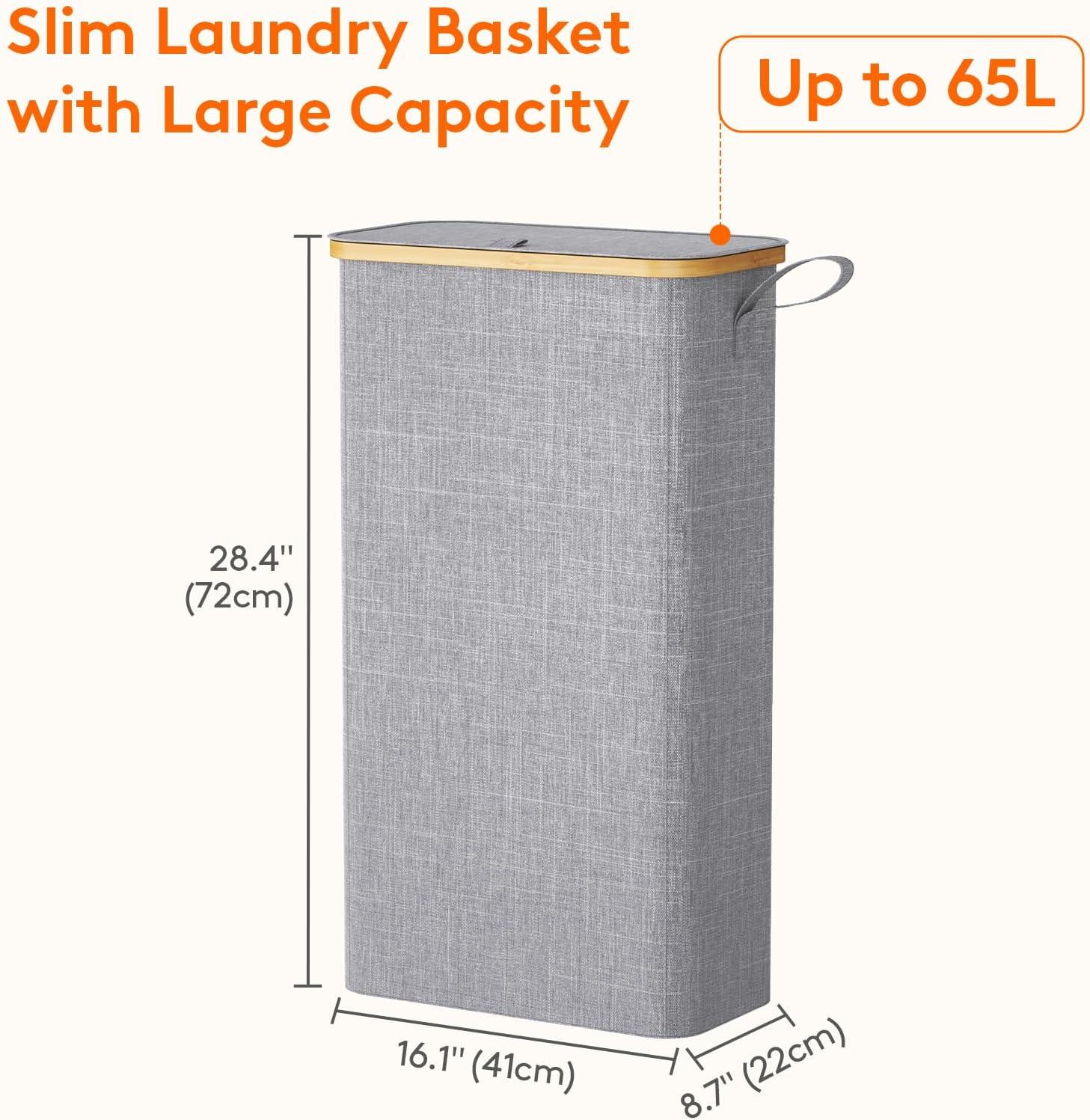 imageLifewit 65L Slim Laundry Hamper with Lid Narrow Laundry Basket with Removable Bag ampamp Bamboo Handles Fodable Thin Dirty Clothes Hamper for Laundry Collapsible Bin for Bathroom Bedroom Dorm Dark GrayGray