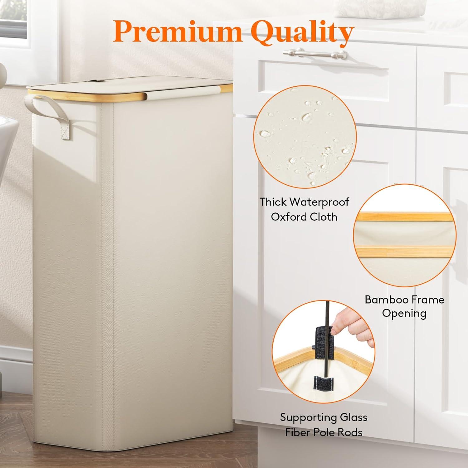imageLifewit 65L Slim Laundry Hamper with Lid Narrow Laundry Basket with Removable Bag ampamp Bamboo Handles Fodable Thin Dirty Clothes Hamper for Laundry Collapsible Bin for Bathroom Bedroom Dorm Dark GrayWhite