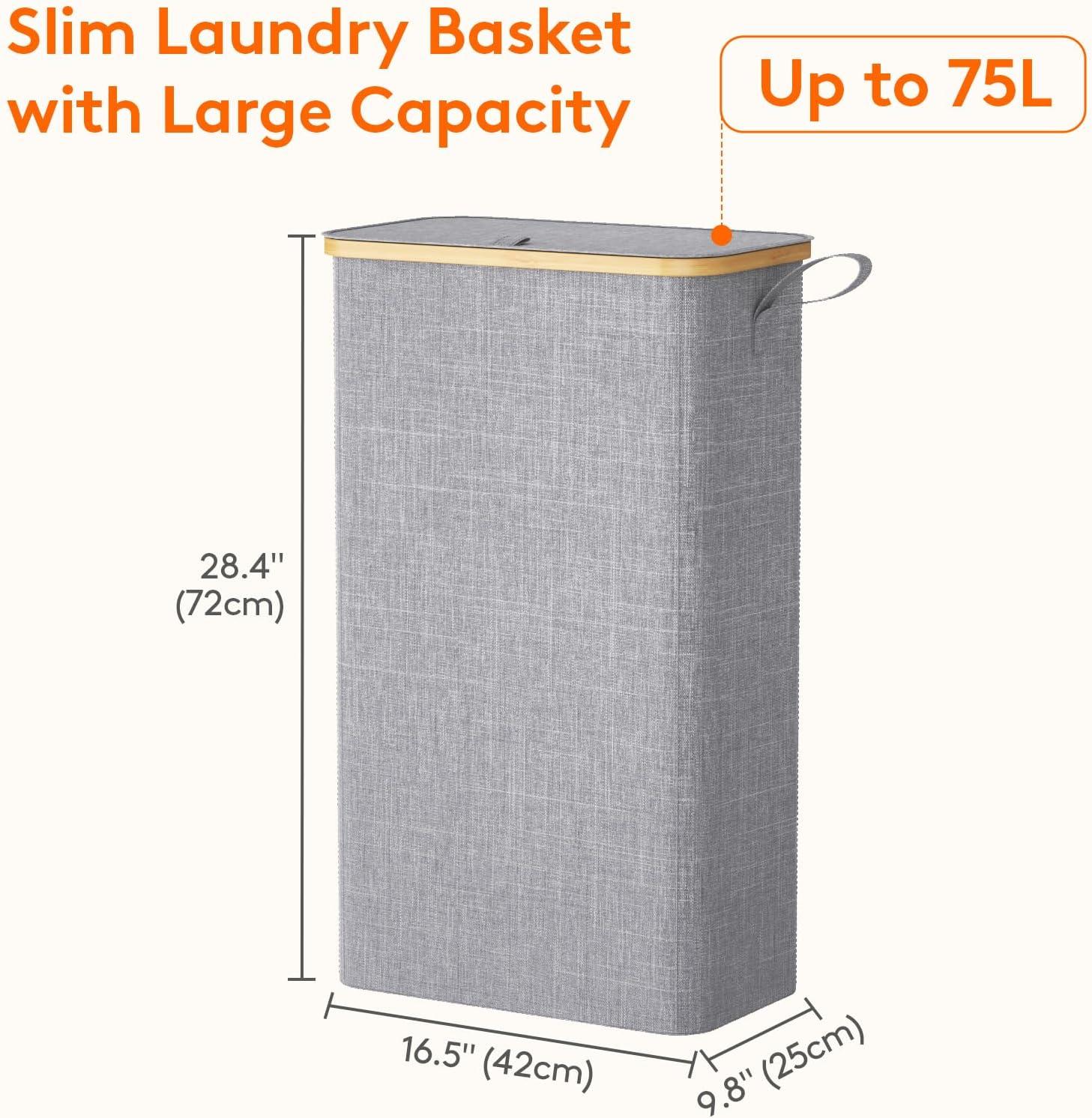 imageLifewit 65L Slim Laundry Hamper with Lid Narrow Laundry Basket with Removable Bag ampamp Bamboo Handles Fodable Thin Dirty Clothes Hamper for Laundry Collapsible Bin for Bathroom Bedroom Dorm Dark GrayGray
