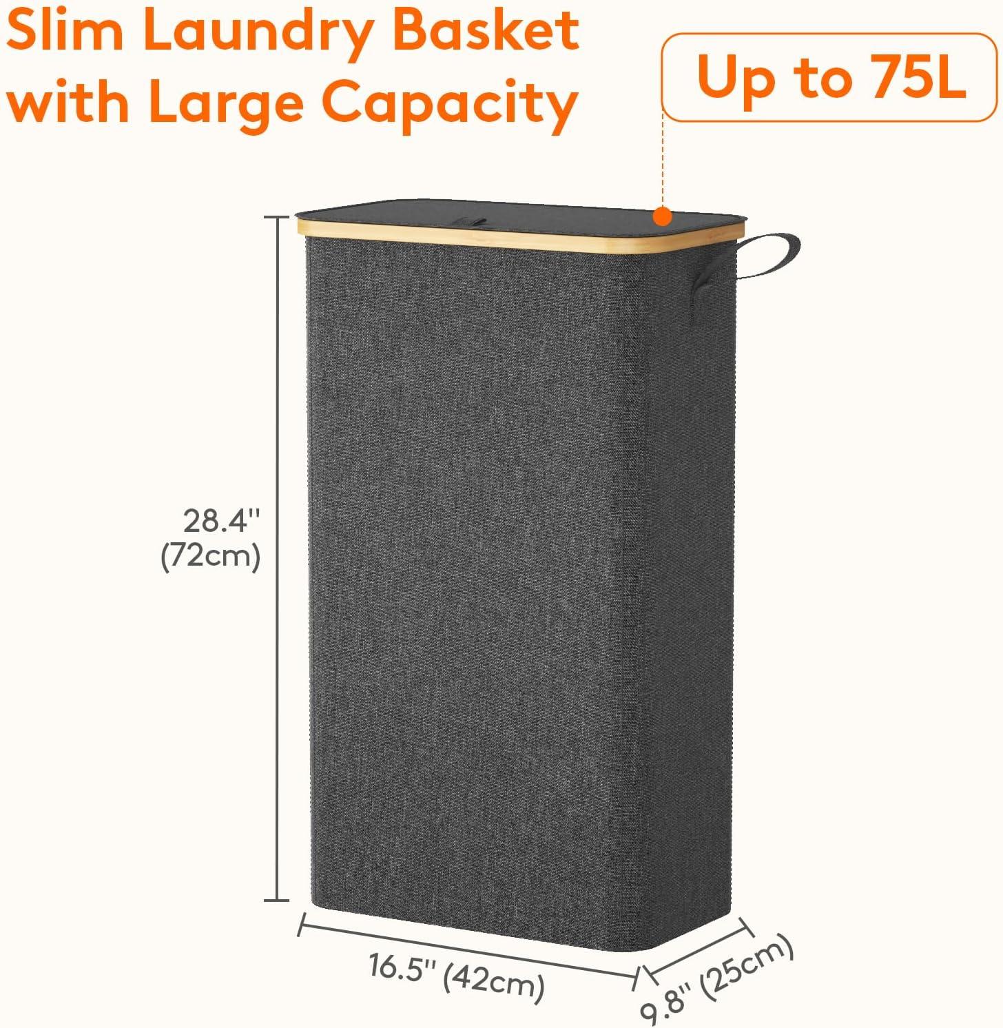imageLifewit 65L Slim Laundry Hamper with Lid Narrow Laundry Basket with Removable Bag ampamp Bamboo Handles Fodable Thin Dirty Clothes Hamper for Laundry Collapsible Bin for Bathroom Bedroom Dorm Dark GrayDark Gray