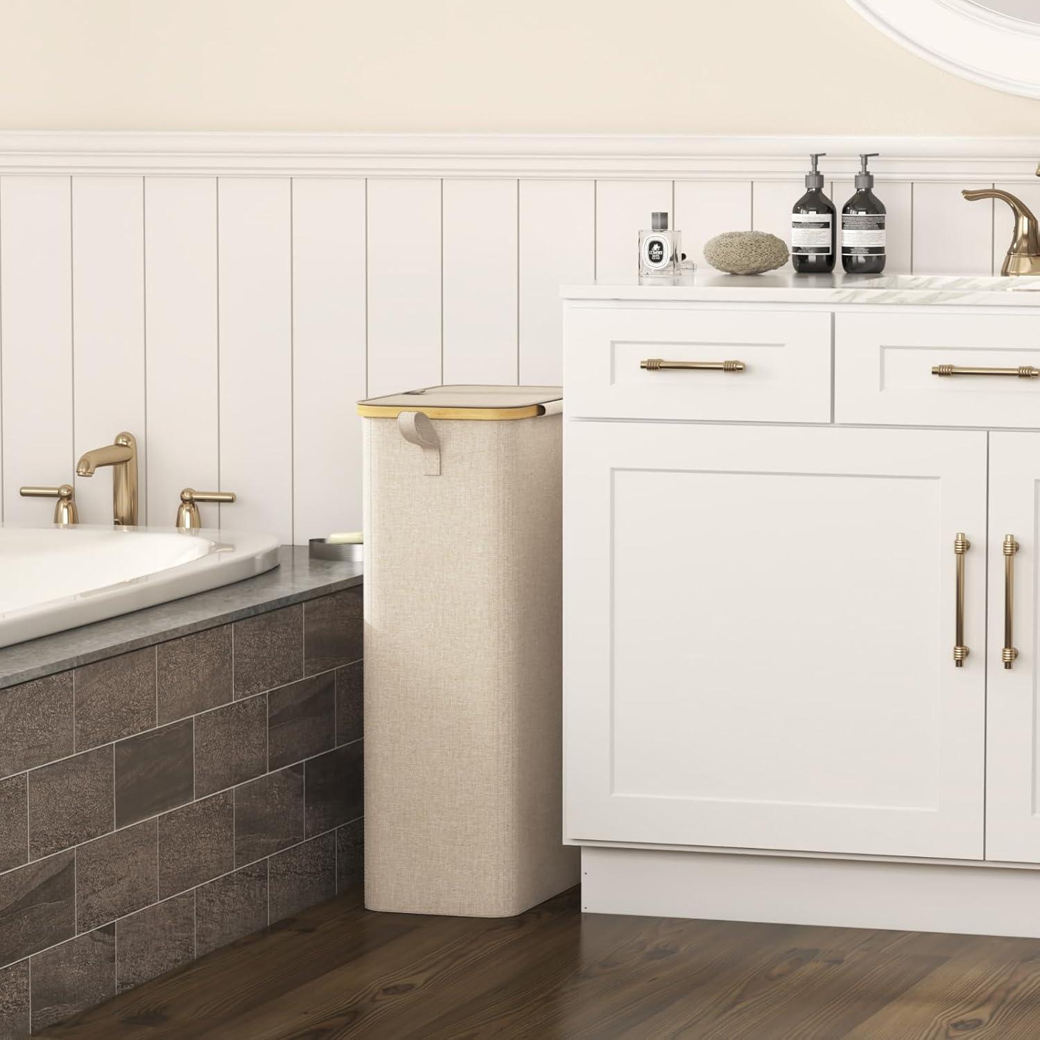 imageLifewit 65L Slim Laundry Hamper with Lid Narrow Laundry Basket with Removable Bag ampamp Bamboo Handles Fodable Thin Dirty Clothes Hamper for Laundry Collapsible Bin for Bathroom Bedroom Dorm Dark GrayBeige