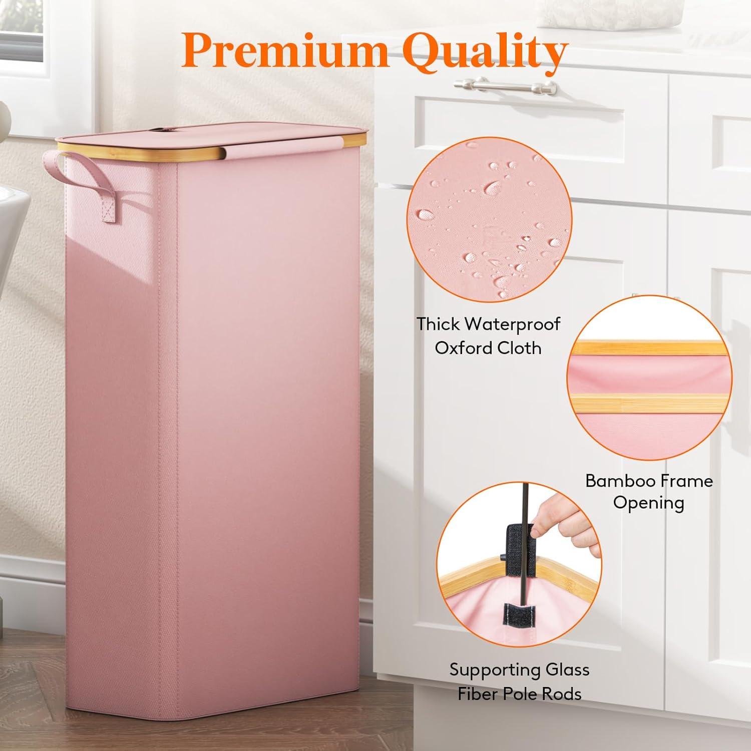 imageLifewit 65L Slim Laundry Hamper with Lid Narrow Laundry Basket with Removable Bag ampamp Bamboo Handles Fodable Thin Dirty Clothes Hamper for Laundry Collapsible Bin for Bathroom Bedroom Dorm Dark GrayPink