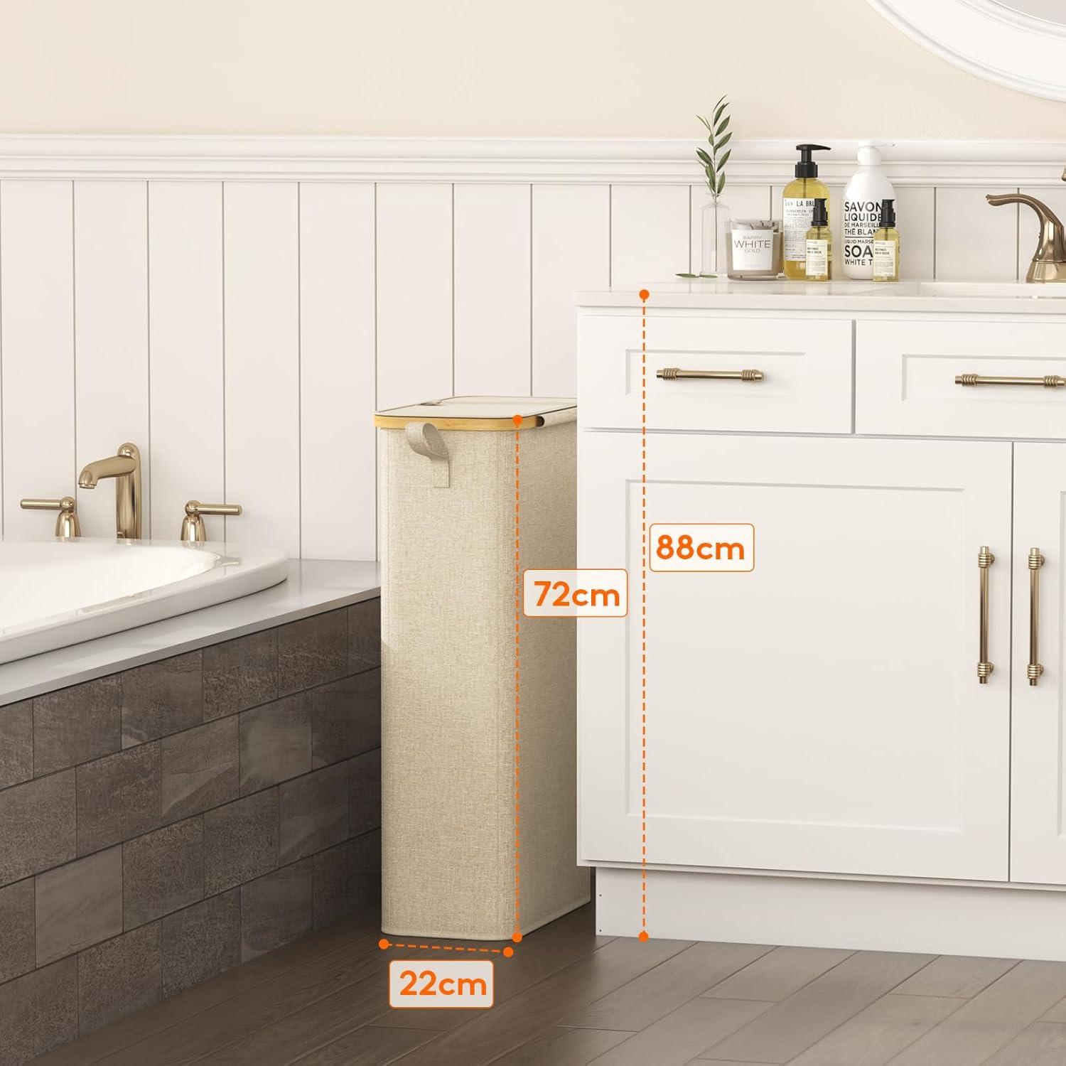 imageLifewit 65L Slim Laundry Hamper with Lid Narrow Laundry Basket with Removable Bag ampamp Bamboo Handles Fodable Thin Dirty Clothes Hamper for Laundry Collapsible Bin for Bathroom Bedroom Dorm Dark GrayBeige