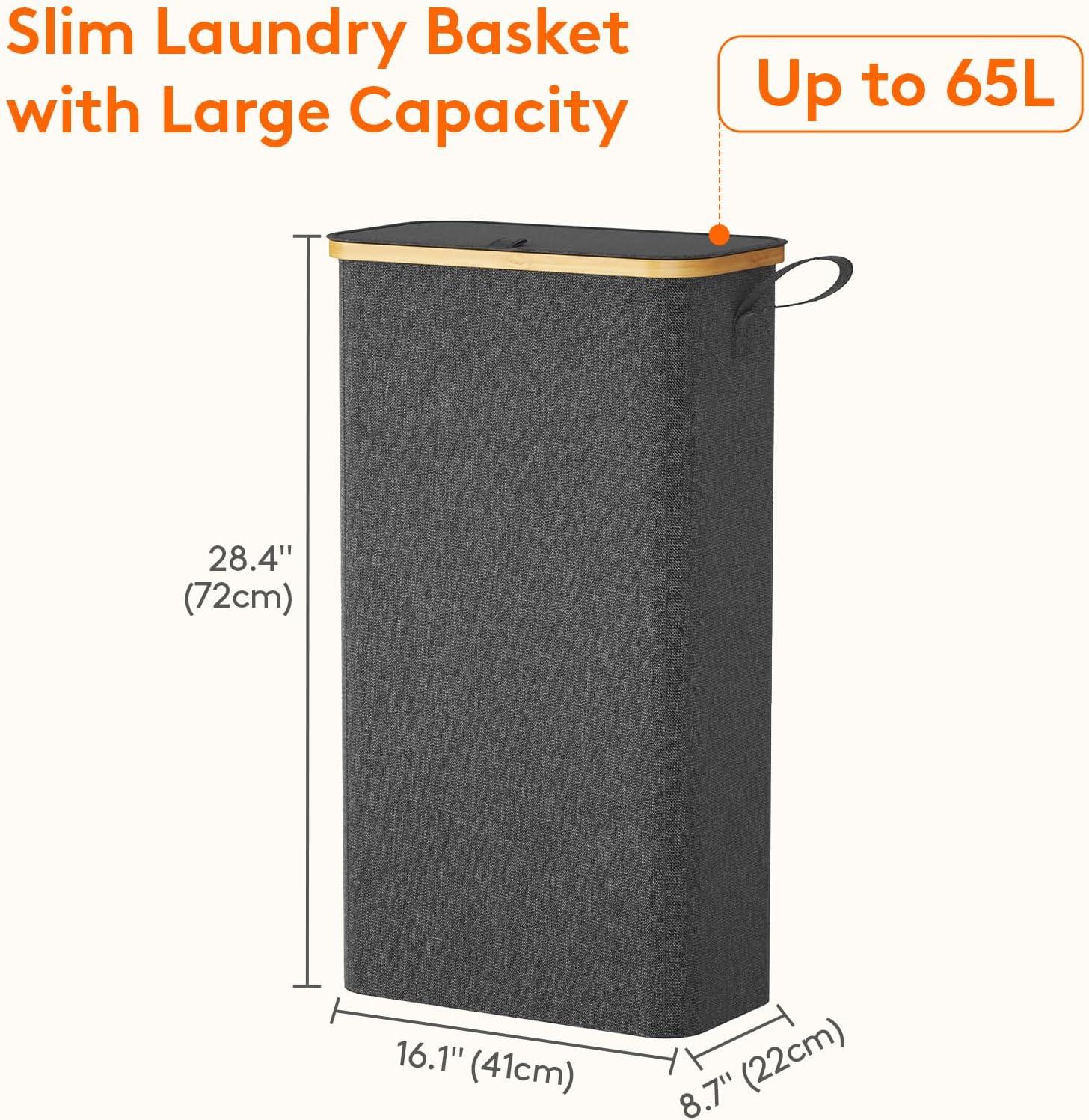imageLifewit 65L Slim Laundry Hamper with Lid Narrow Laundry Basket with Removable Bag ampamp Bamboo Handles Fodable Thin Dirty Clothes Hamper for Laundry Collapsible Bin for Bathroom Bedroom Dorm Dark GrayDark Gray