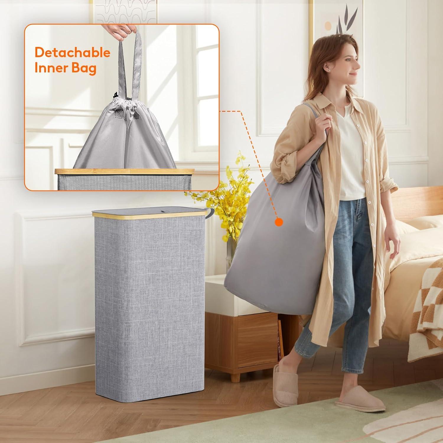 imageLifewit 65L Slim Laundry Hamper with Lid Narrow Laundry Basket with Removable Bag ampamp Bamboo Handles Fodable Thin Dirty Clothes Hamper for Laundry Collapsible Bin for Bathroom Bedroom Dorm Dark GrayGray