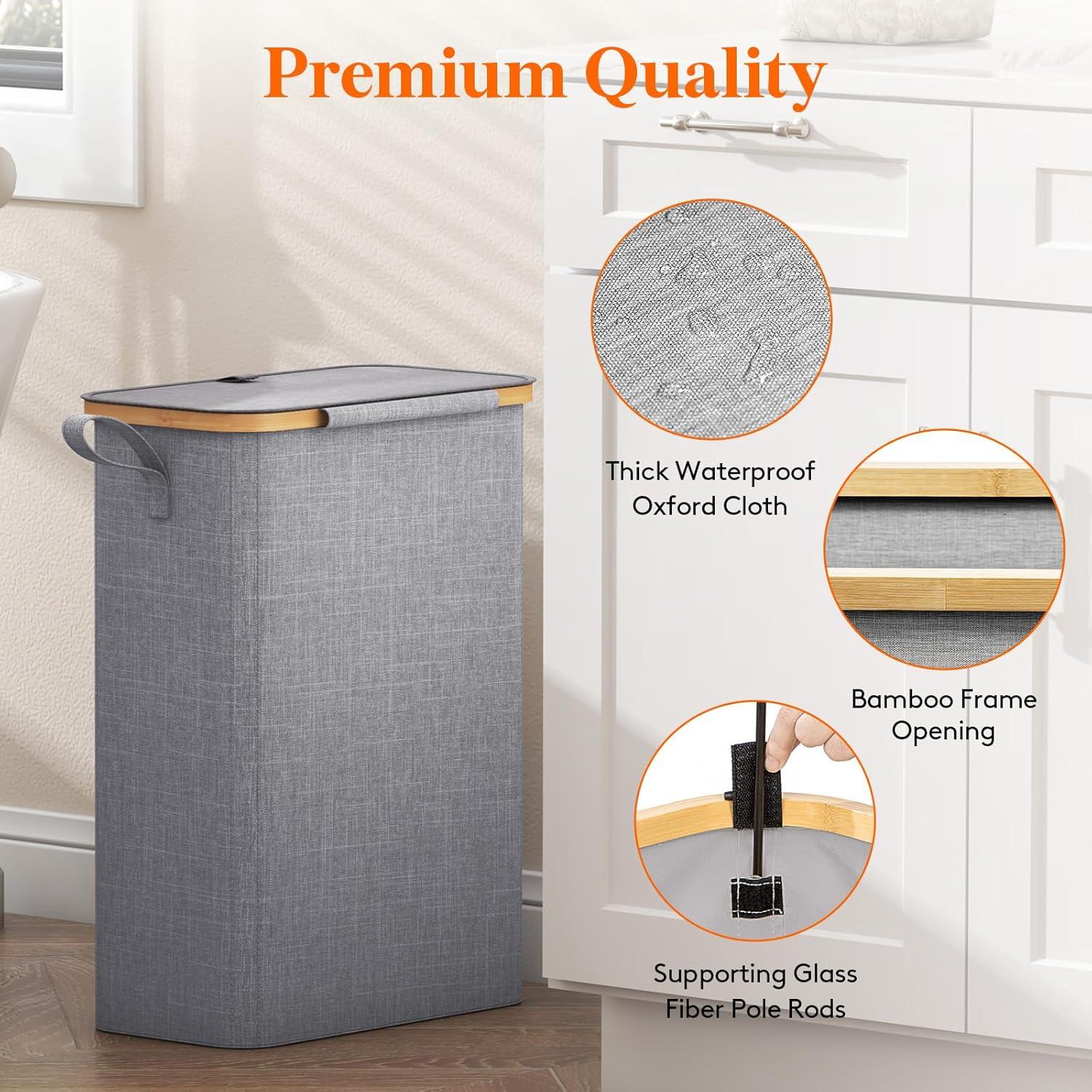 imageLifewit 65L Slim Laundry Hamper with Lid Narrow Laundry Basket with Removable Bag ampamp Bamboo Handles Fodable Thin Dirty Clothes Hamper for Laundry Collapsible Bin for Bathroom Bedroom Dorm Dark GrayGray