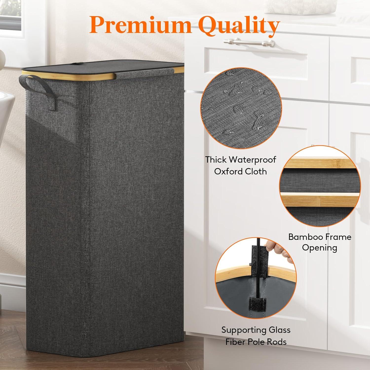 imageLifewit 65L Slim Laundry Hamper with Lid Narrow Laundry Basket with Removable Bag ampamp Bamboo Handles Fodable Thin Dirty Clothes Hamper for Laundry Collapsible Bin for Bathroom Bedroom Dorm Dark GrayDark Gray