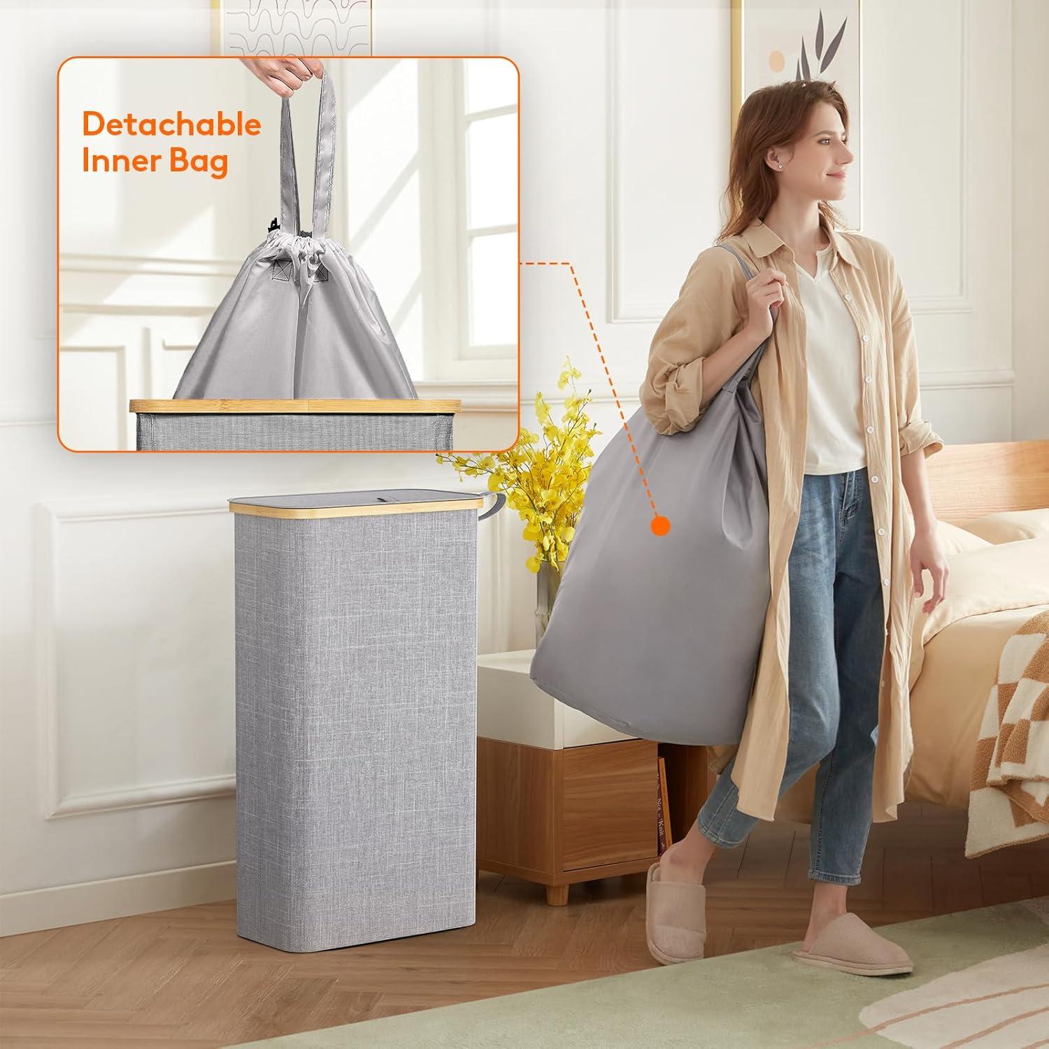 imageLifewit 65L Slim Laundry Hamper with Lid Narrow Laundry Basket with Removable Bag ampamp Bamboo Handles Fodable Thin Dirty Clothes Hamper for Laundry Collapsible Bin for Bathroom Bedroom Dorm Dark GrayGray