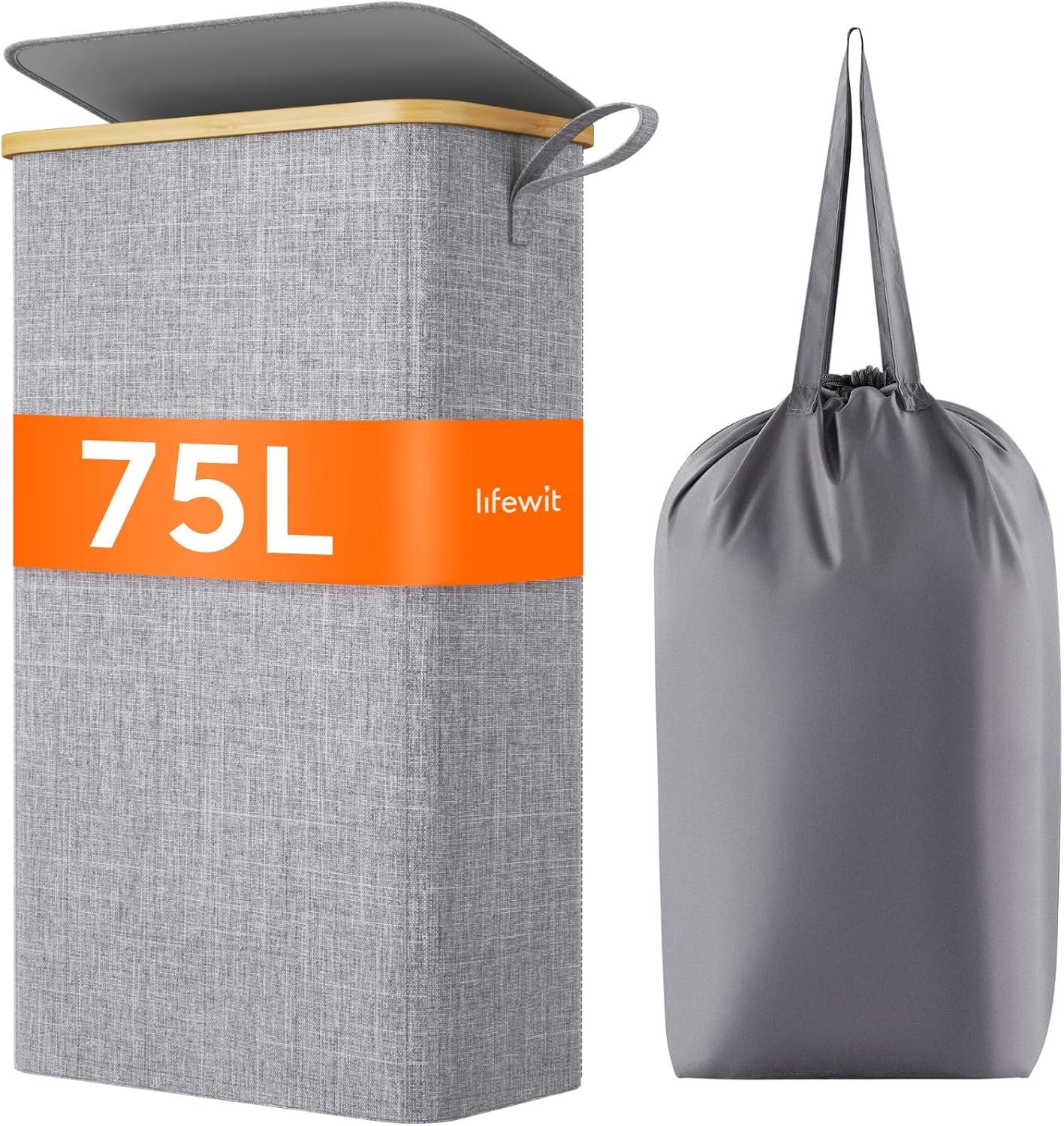 imageLifewit 65L Slim Laundry Hamper with Lid Narrow Laundry Basket with Removable Bag ampamp Bamboo Handles Fodable Thin Dirty Clothes Hamper for Laundry Collapsible Bin for Bathroom Bedroom Dorm Dark GrayGray