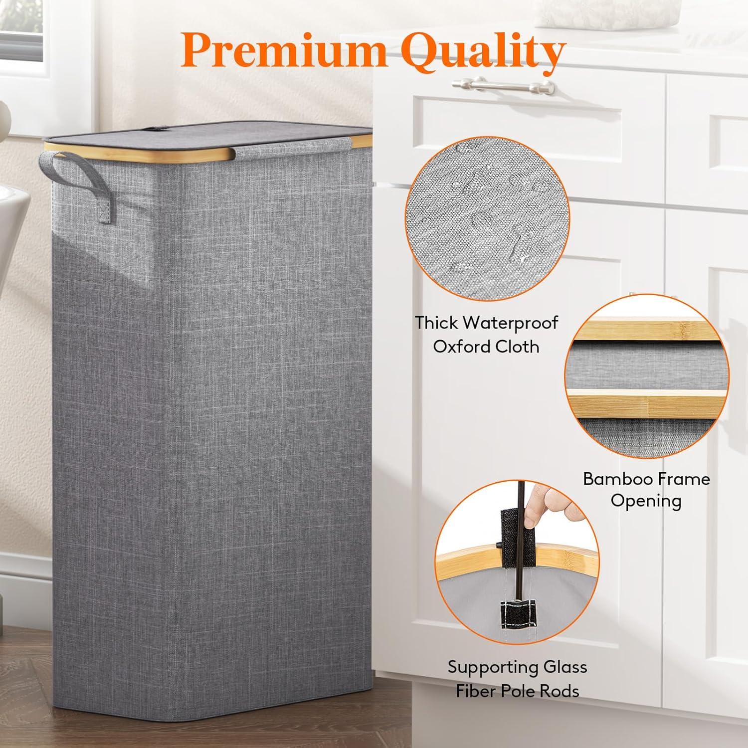 imageLifewit 65L Slim Laundry Hamper with Lid Narrow Laundry Basket with Removable Bag ampamp Bamboo Handles Fodable Thin Dirty Clothes Hamper for Laundry Collapsible Bin for Bathroom Bedroom Dorm Dark GrayGray