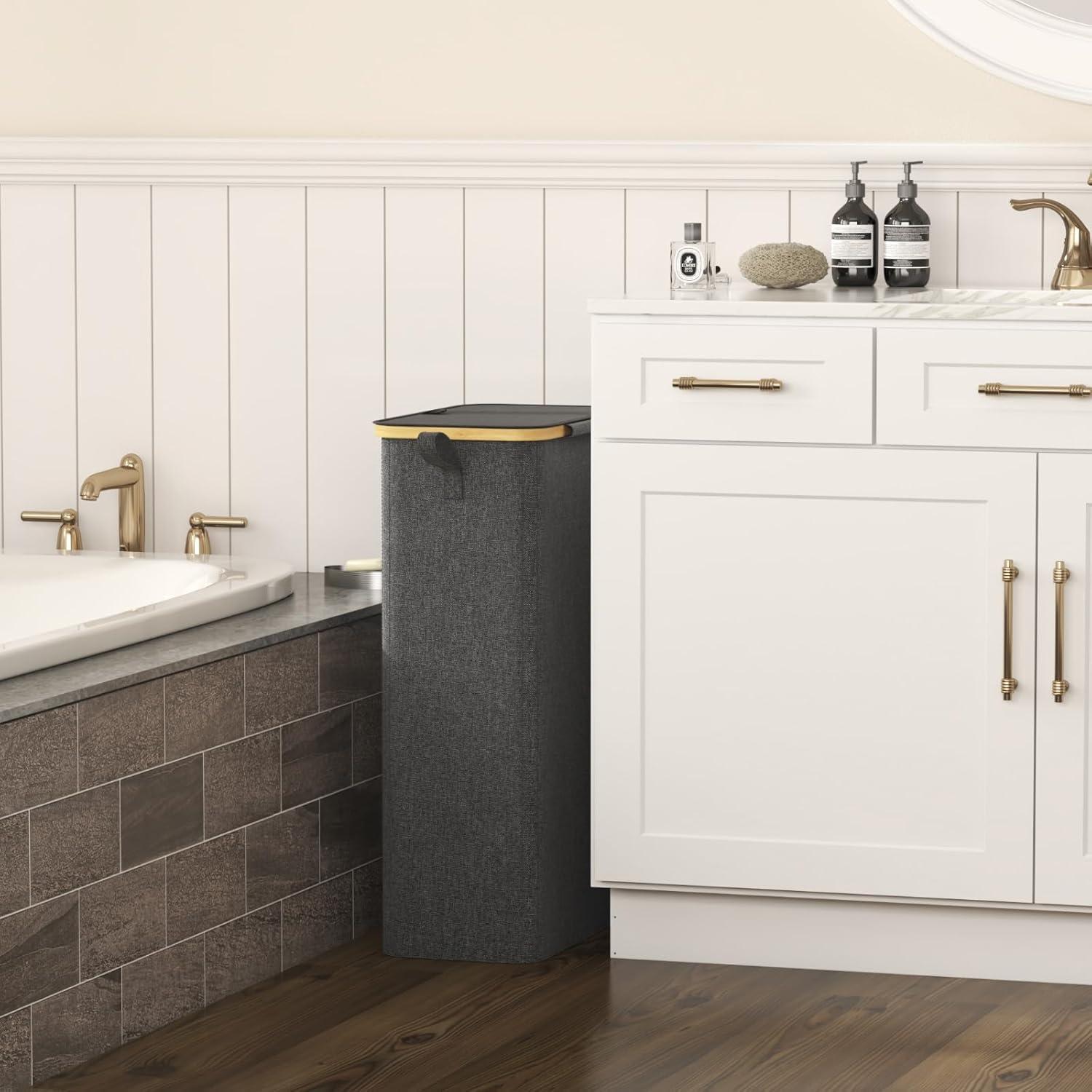 imageLifewit 65L Slim Laundry Hamper with Lid Narrow Laundry Basket with Removable Bag ampamp Bamboo Handles Fodable Thin Dirty Clothes Hamper for Laundry Collapsible Bin for Bathroom Bedroom Dorm Dark GrayDark Gray