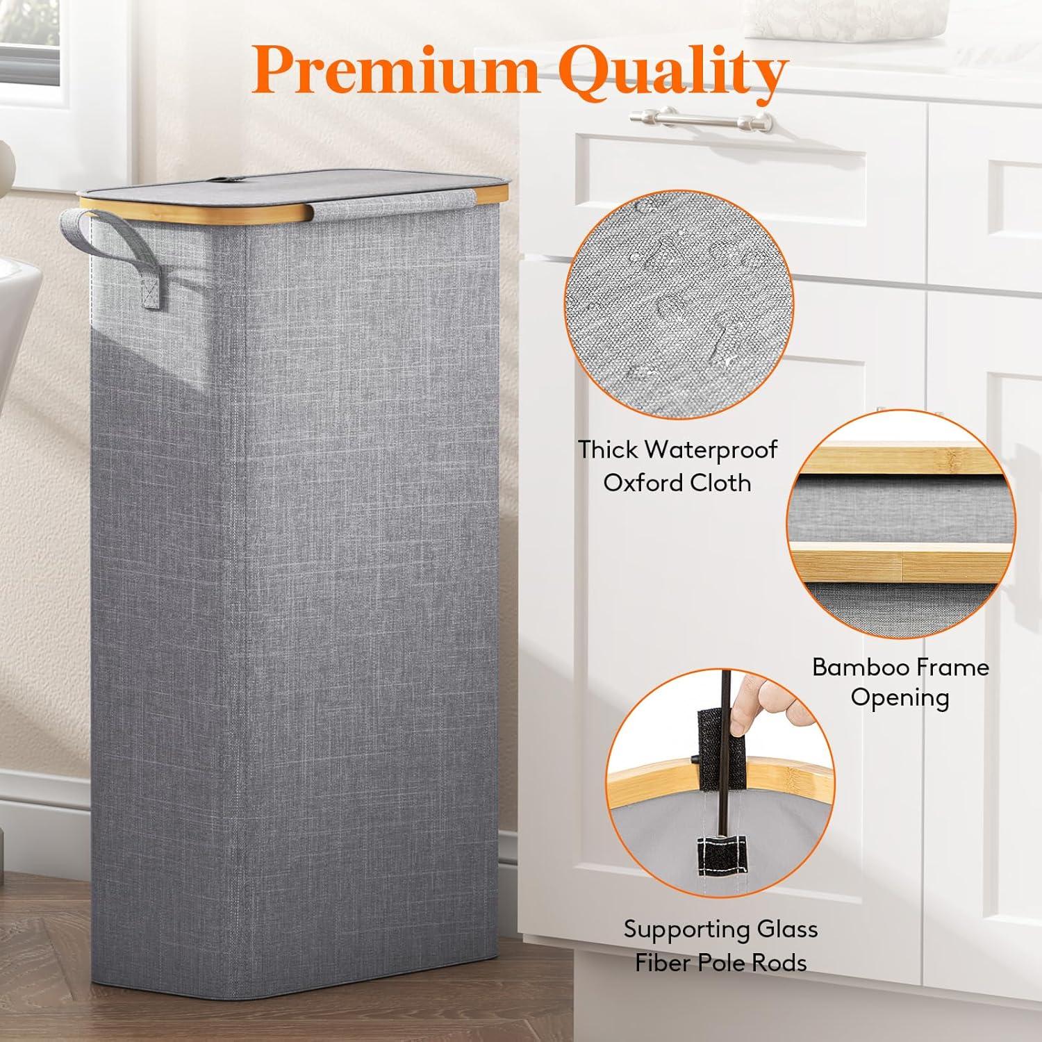 imageLifewit 65L Slim Laundry Hamper with Lid Narrow Laundry Basket with Removable Bag ampamp Bamboo Handles Fodable Thin Dirty Clothes Hamper for Laundry Collapsible Bin for Bathroom Bedroom Dorm Dark GrayGray