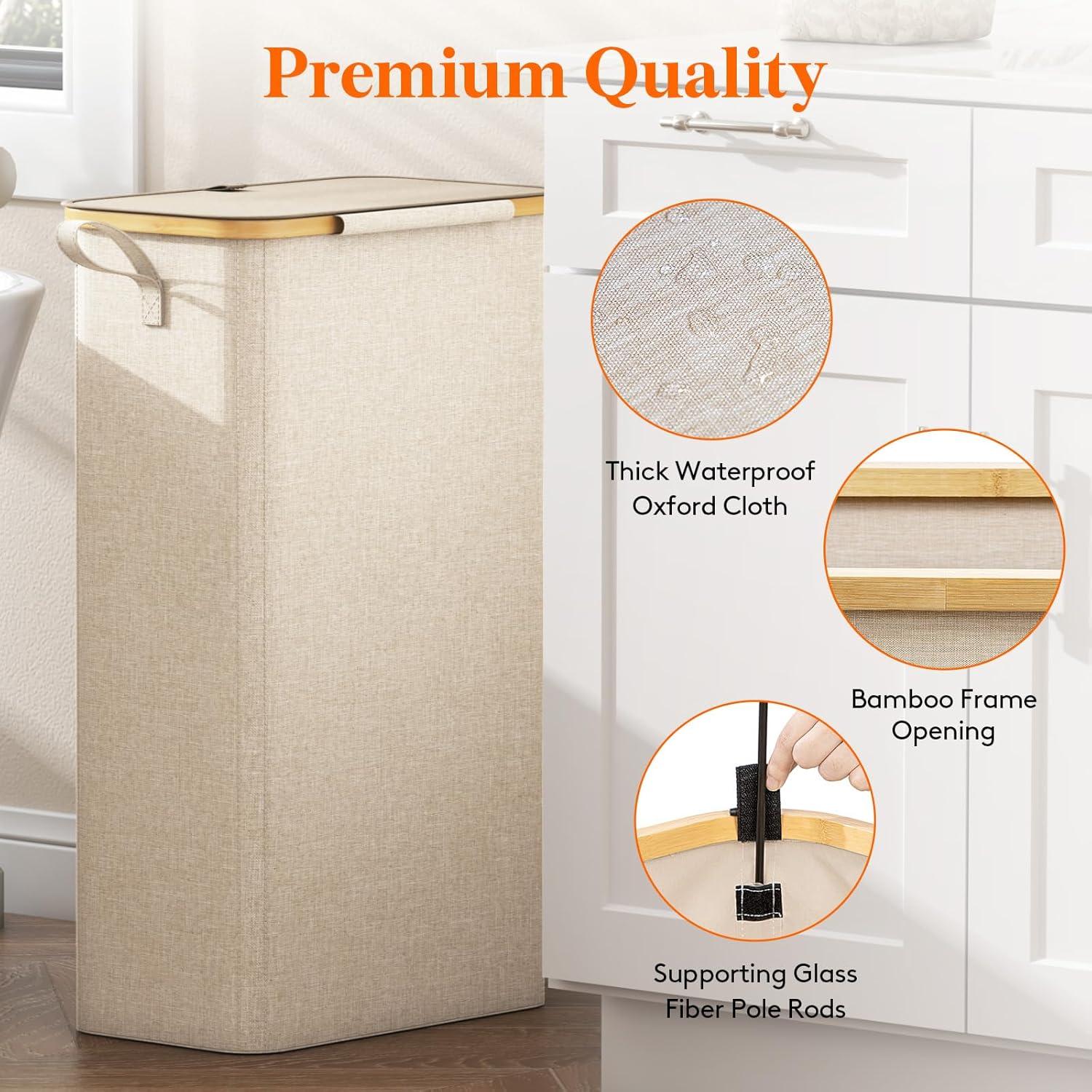 imageLifewit 65L Slim Laundry Hamper with Lid Narrow Laundry Basket with Removable Bag ampamp Bamboo Handles Fodable Thin Dirty Clothes Hamper for Laundry Collapsible Bin for Bathroom Bedroom Dorm Dark GrayBeige